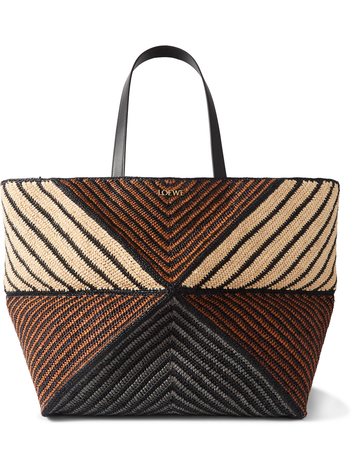 Loewe Puzzle Fold Extra-large Leather-trimmed Raffia Tote Bag In Black