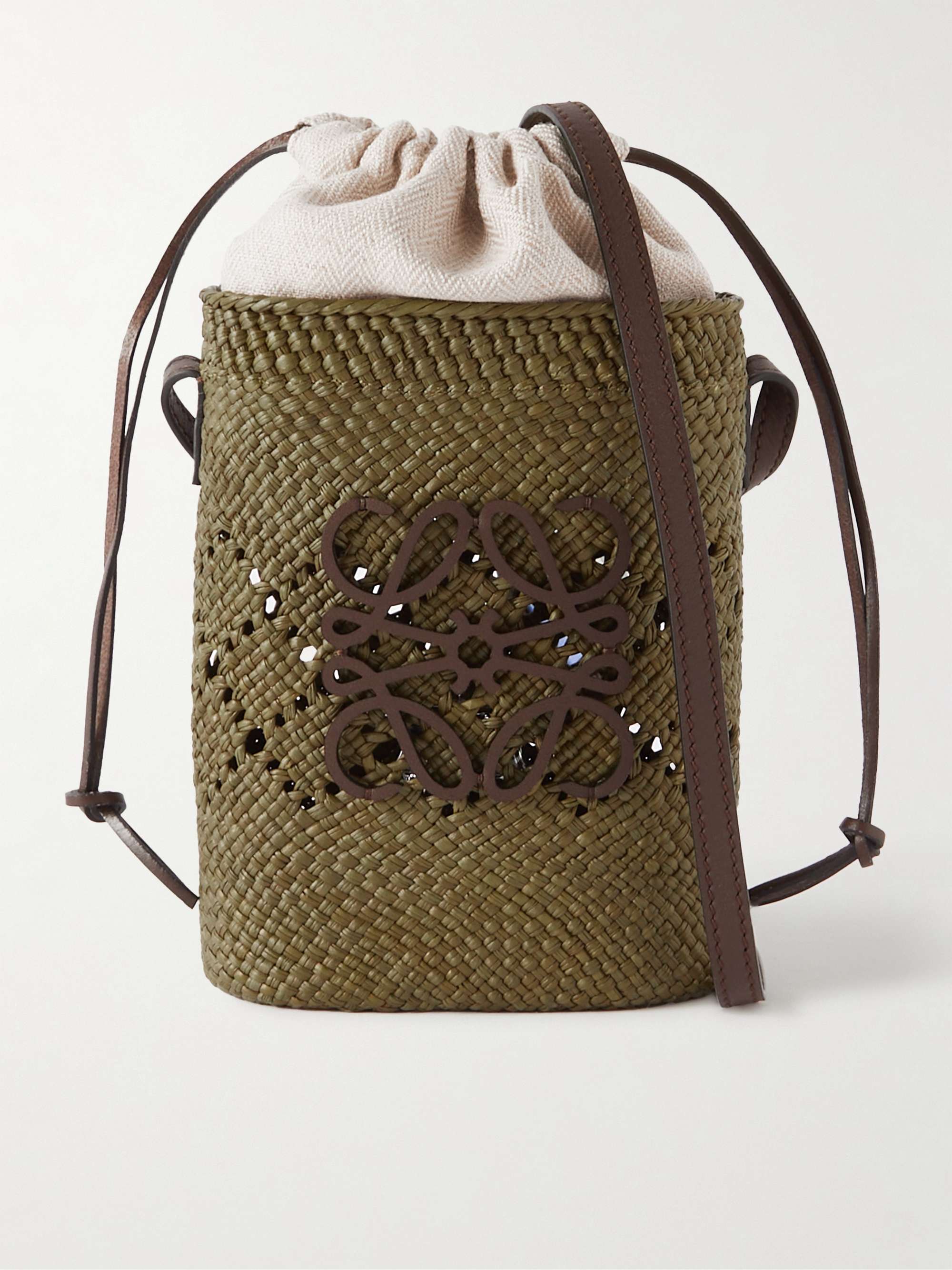 Paula s Ibiza Leather Trimmed Iraca Palm and Herringbone Cotton Canvas Pouch