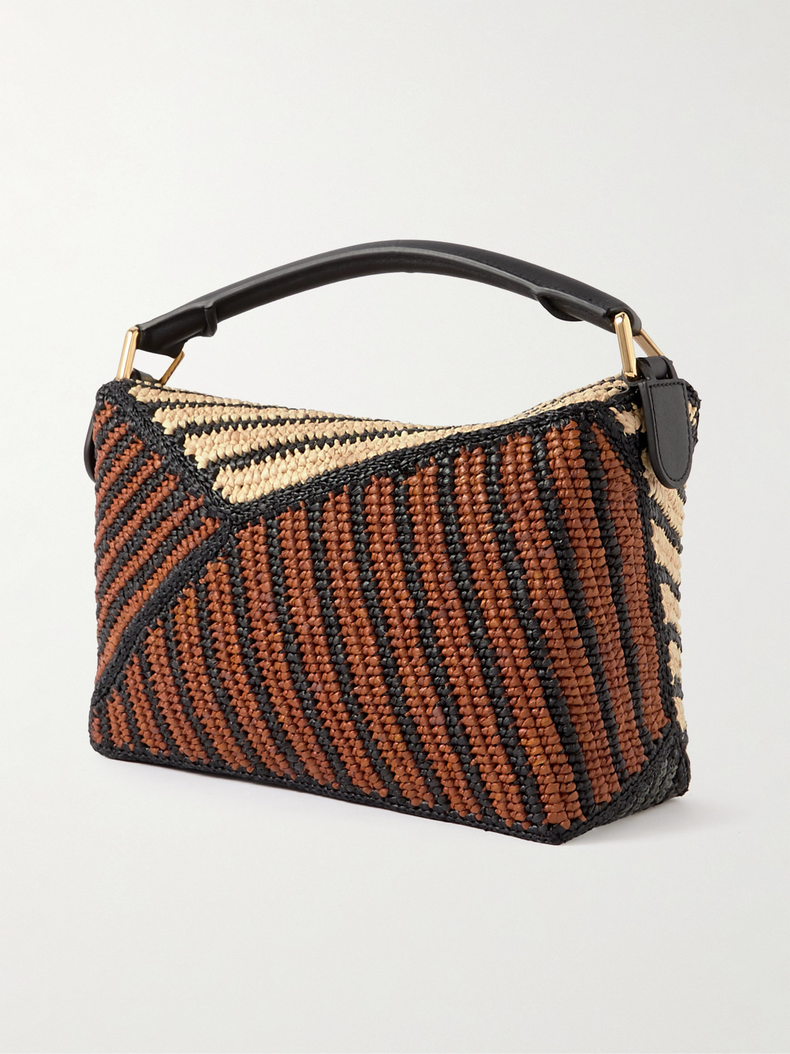Shop Loewe Paula's Ibiza Puzzle Edge Small Leather-trimmed Striped Raffia Messenger Bag In Brown
