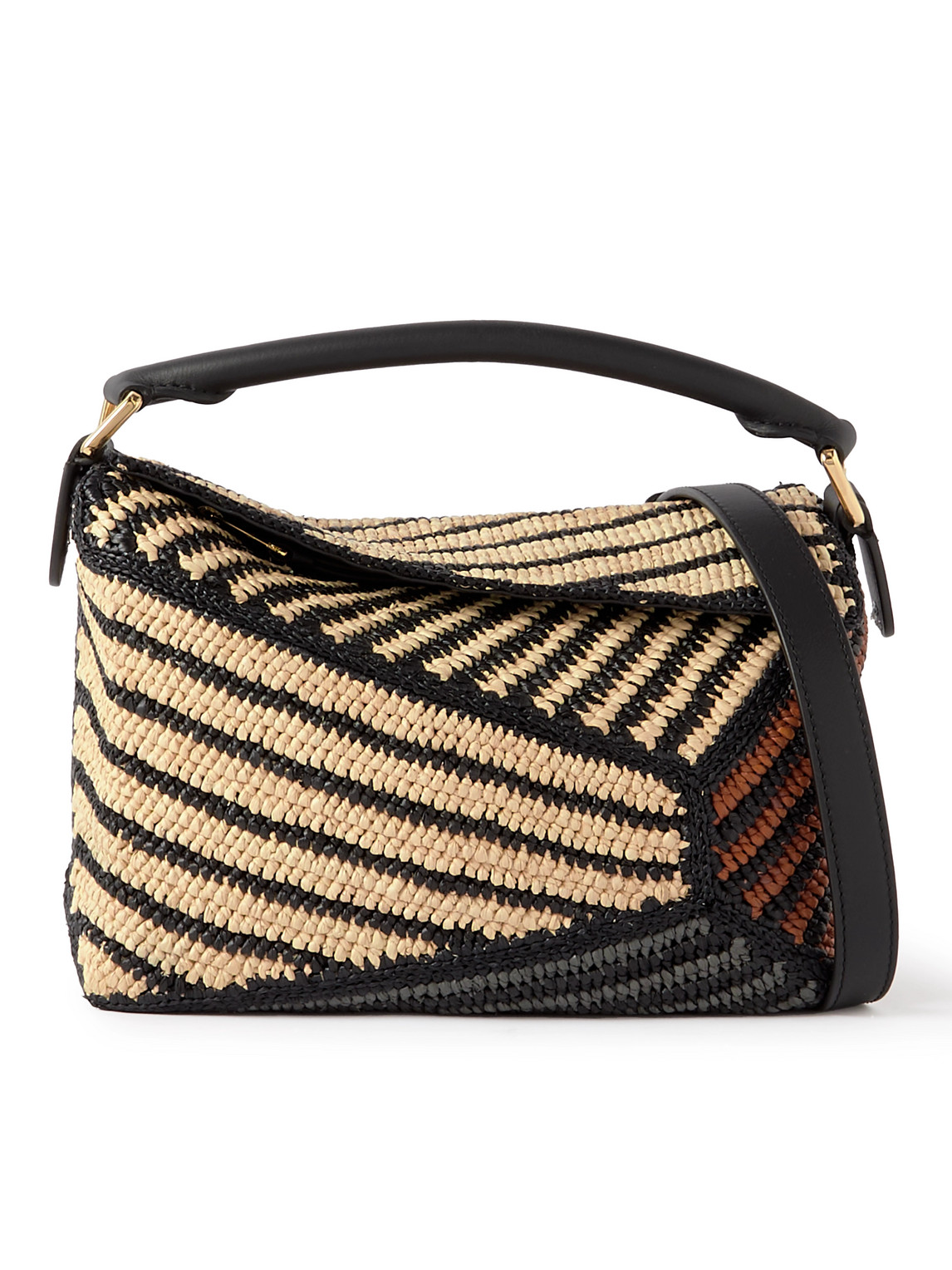 Loewe Paula's Ibiza Puzzle Edge Small Leather-trimmed Striped Raffia Messenger Bag In Brown