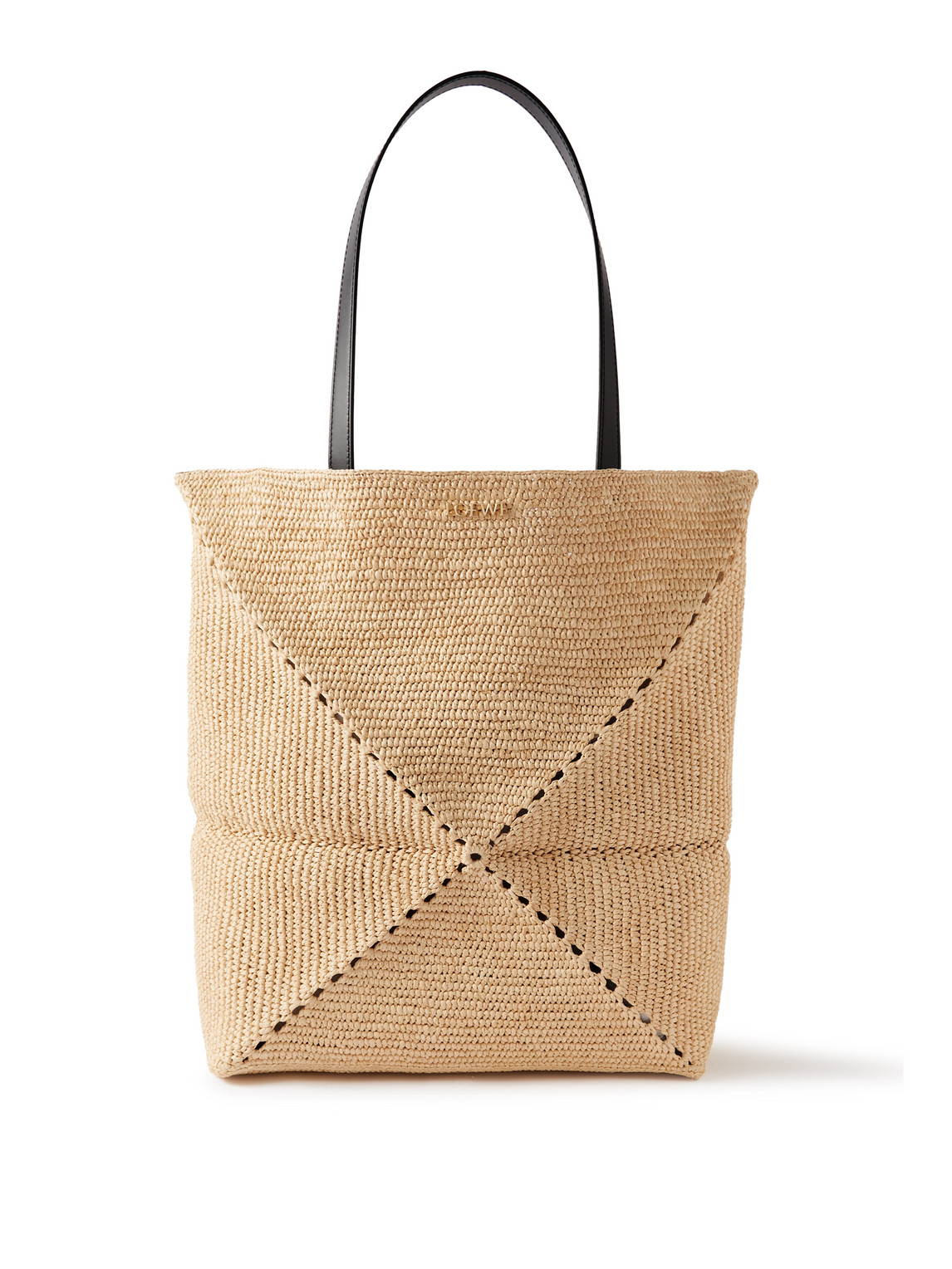 Paula’s Ibiza Puzzle Fold Large Leather-Trimmed Raffia Tote Bag