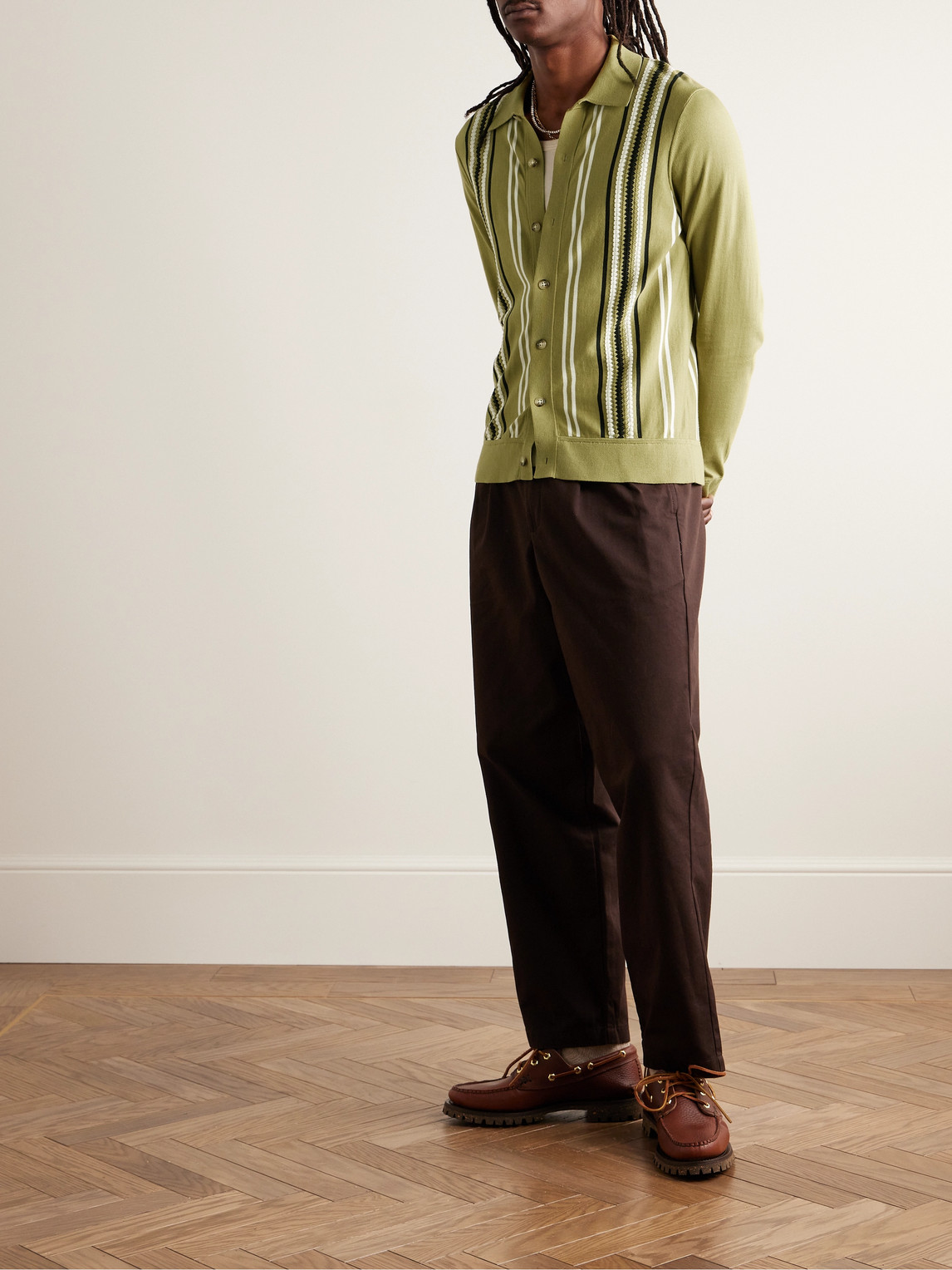 Shop Guest In Residence Plaza Slim-fit Striped Cotton Cardigan In Green