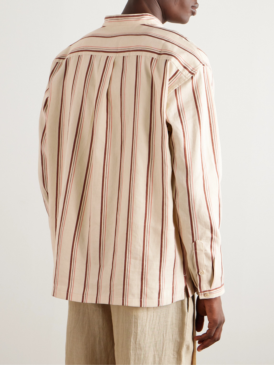 Shop A Kind Of Guise Pace Grandad-collar Striped Linen And Cotton-blend Shirt In Neutrals