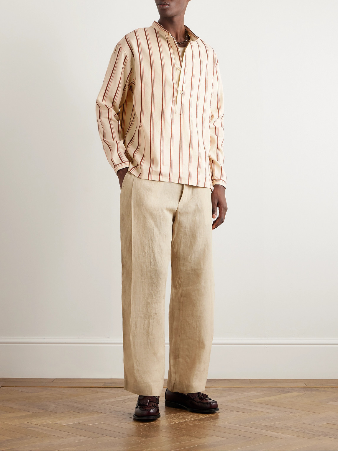 Shop A Kind Of Guise Pace Grandad-collar Striped Linen And Cotton-blend Shirt In Neutrals