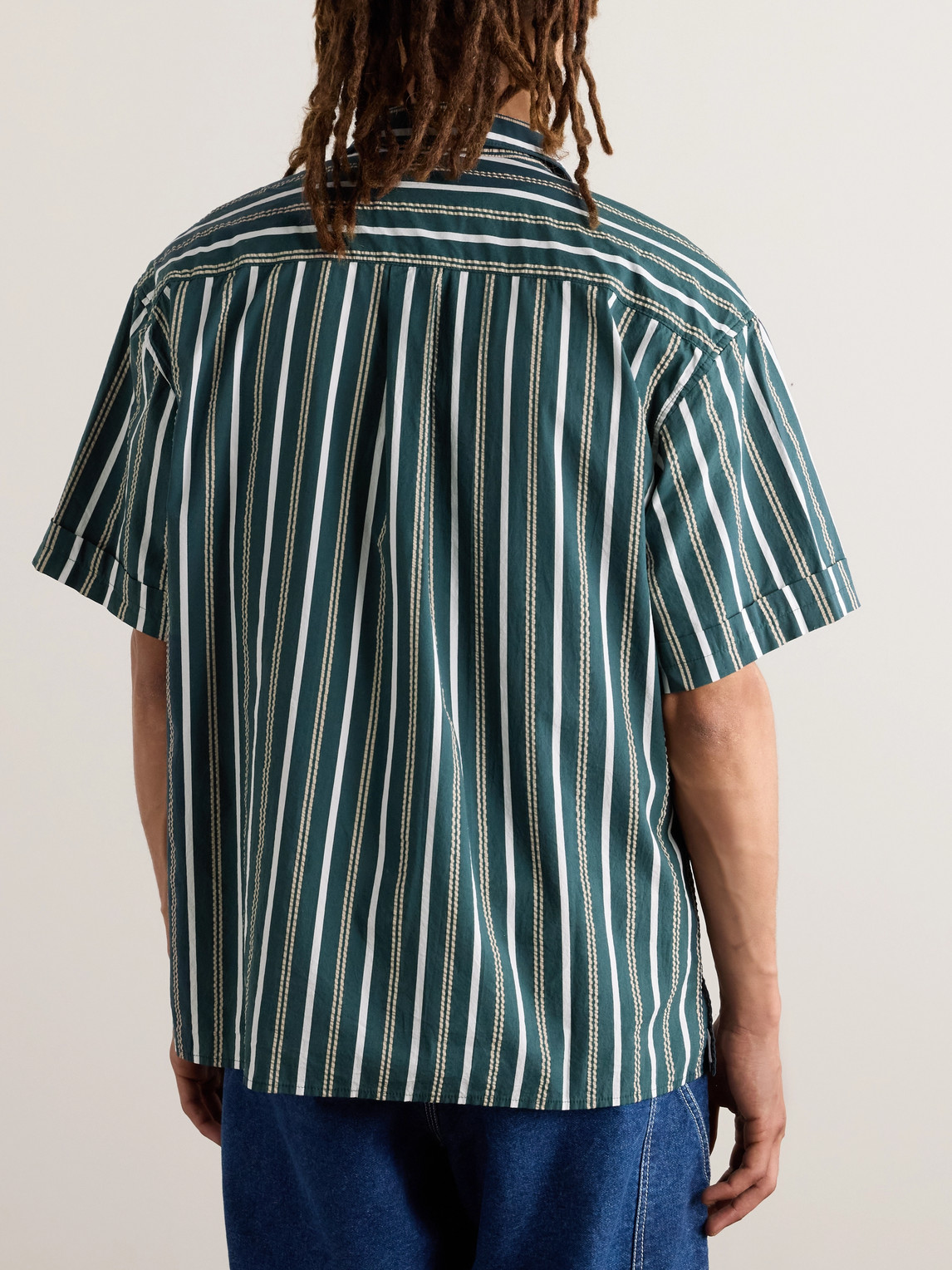 Shop A Kind Of Guise Elio Striped Textured-cotton Shirt In Green