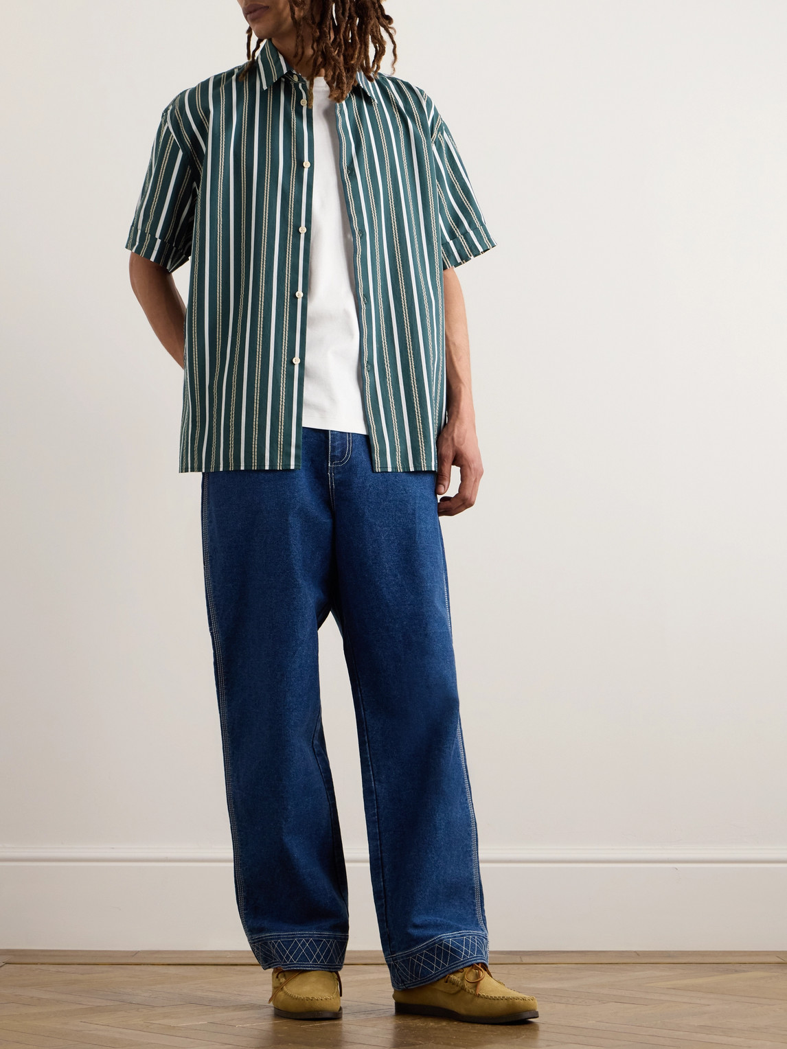 Shop A Kind Of Guise Elio Striped Textured-cotton Shirt In Green