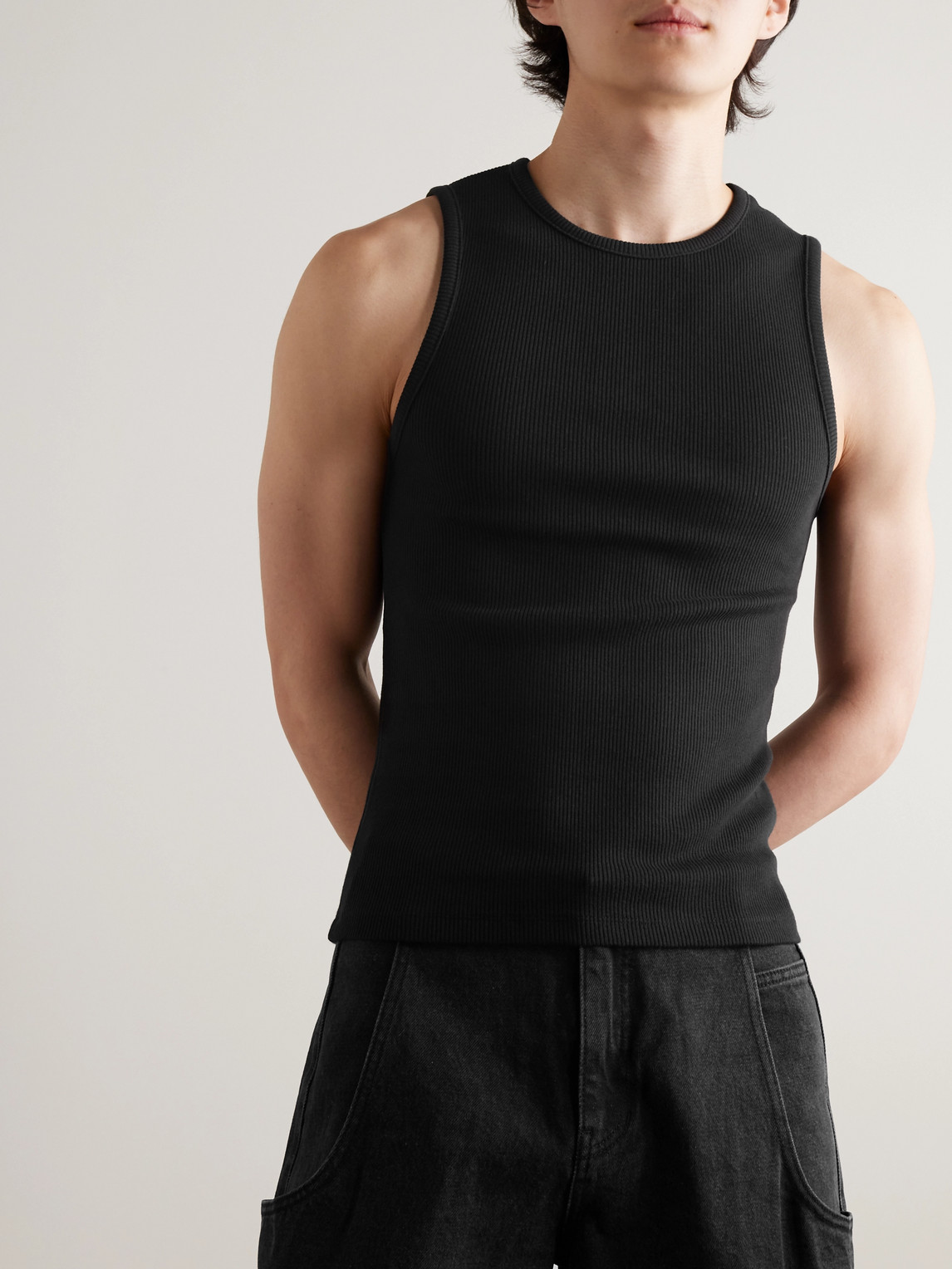 Shop Amomento Slim-fit Ribbed Stretch-jersey Tank Top In Black