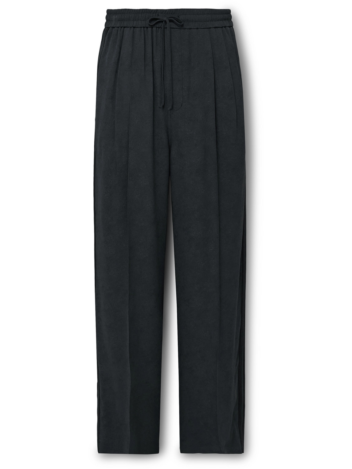 Straight-Leg Pleated Striped Peached-Crepe Drawstring Trousers