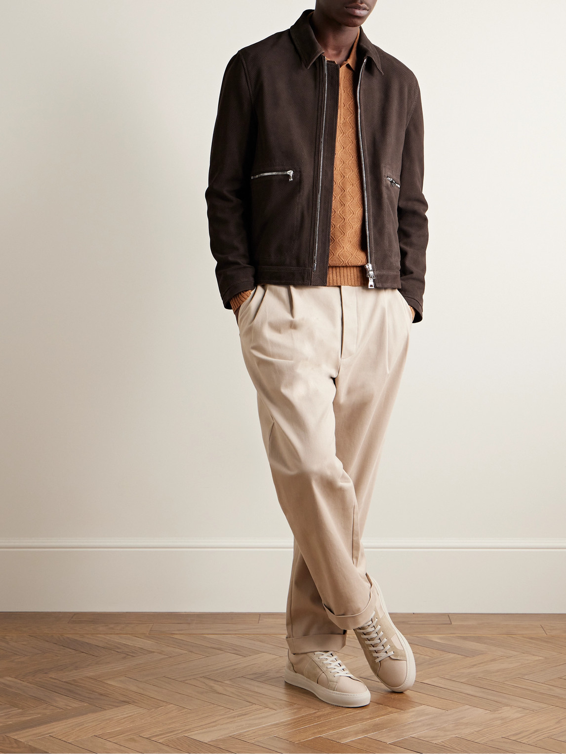 Shop Mr P Golf Perforated Suede Blouson Jacket In Brown