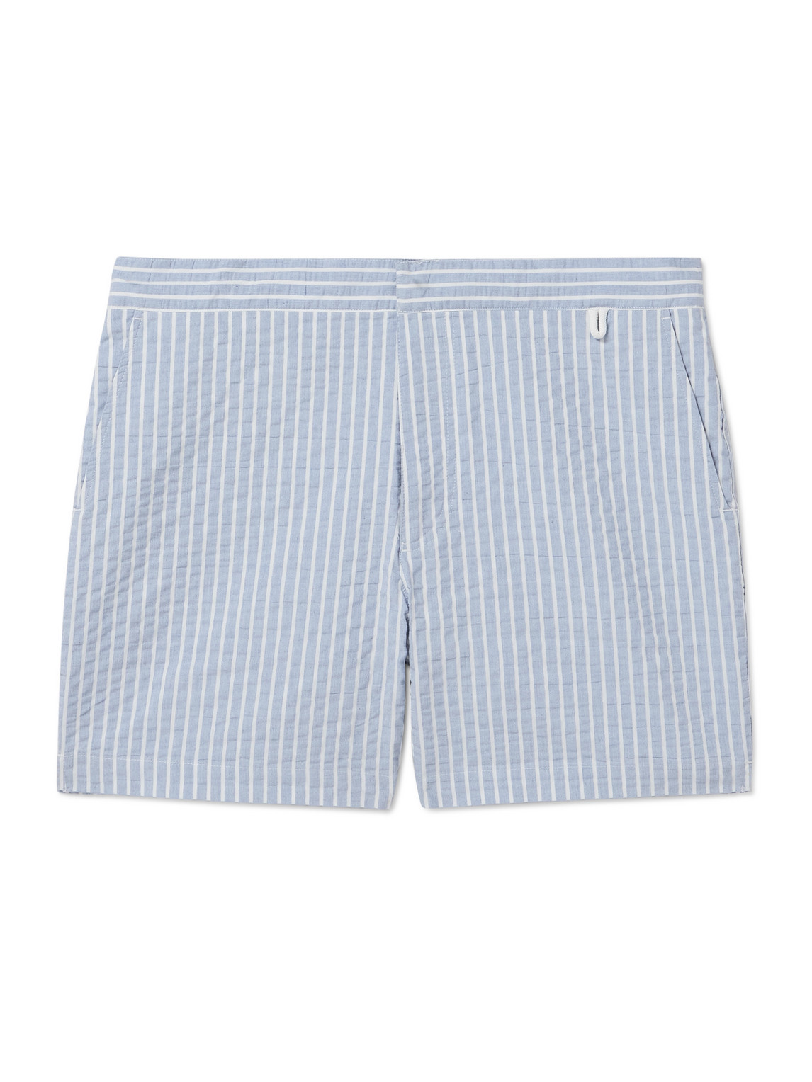 Straight-Leg Mid-Length Striped Seersucker Swim Shorts