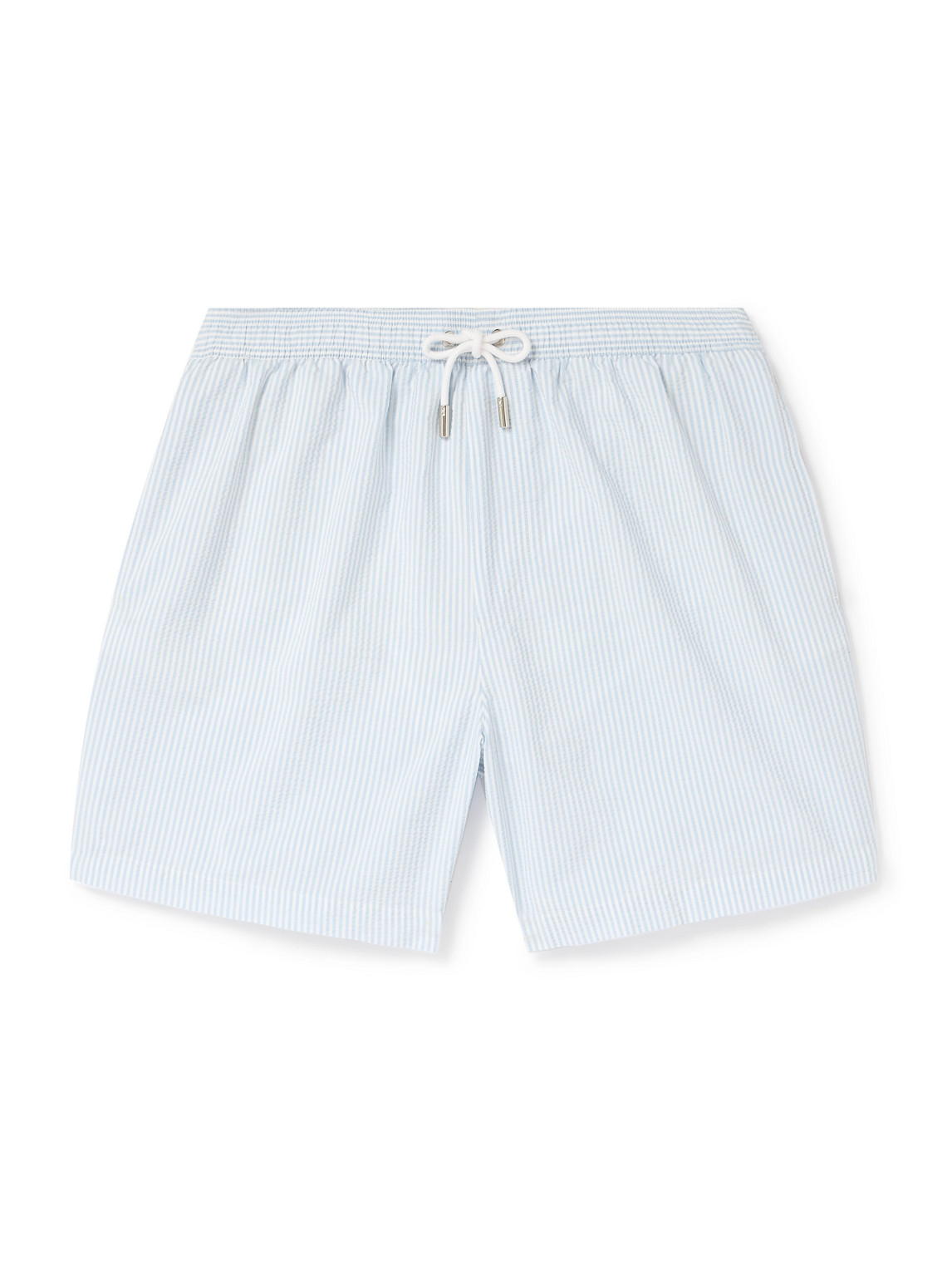 Straight-Leg Mid-Length Striped Seersucker Swim Shorts