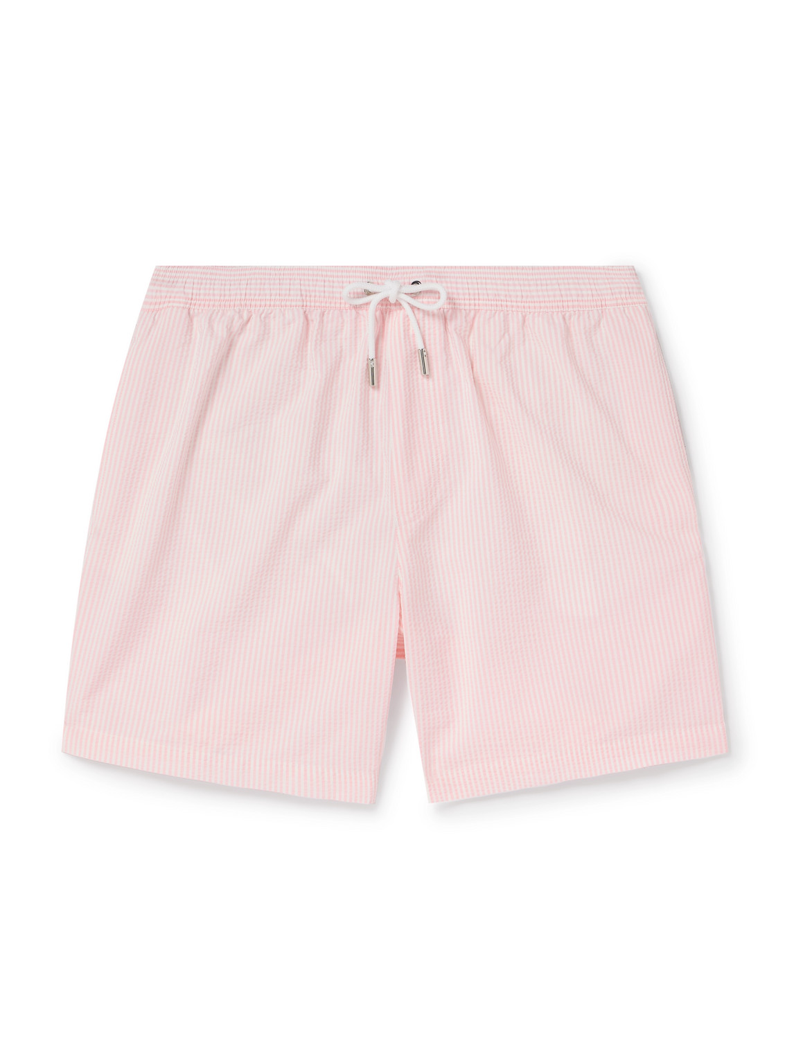 Straight-Leg Mid-Length Striped Seersucker Swim Shorts