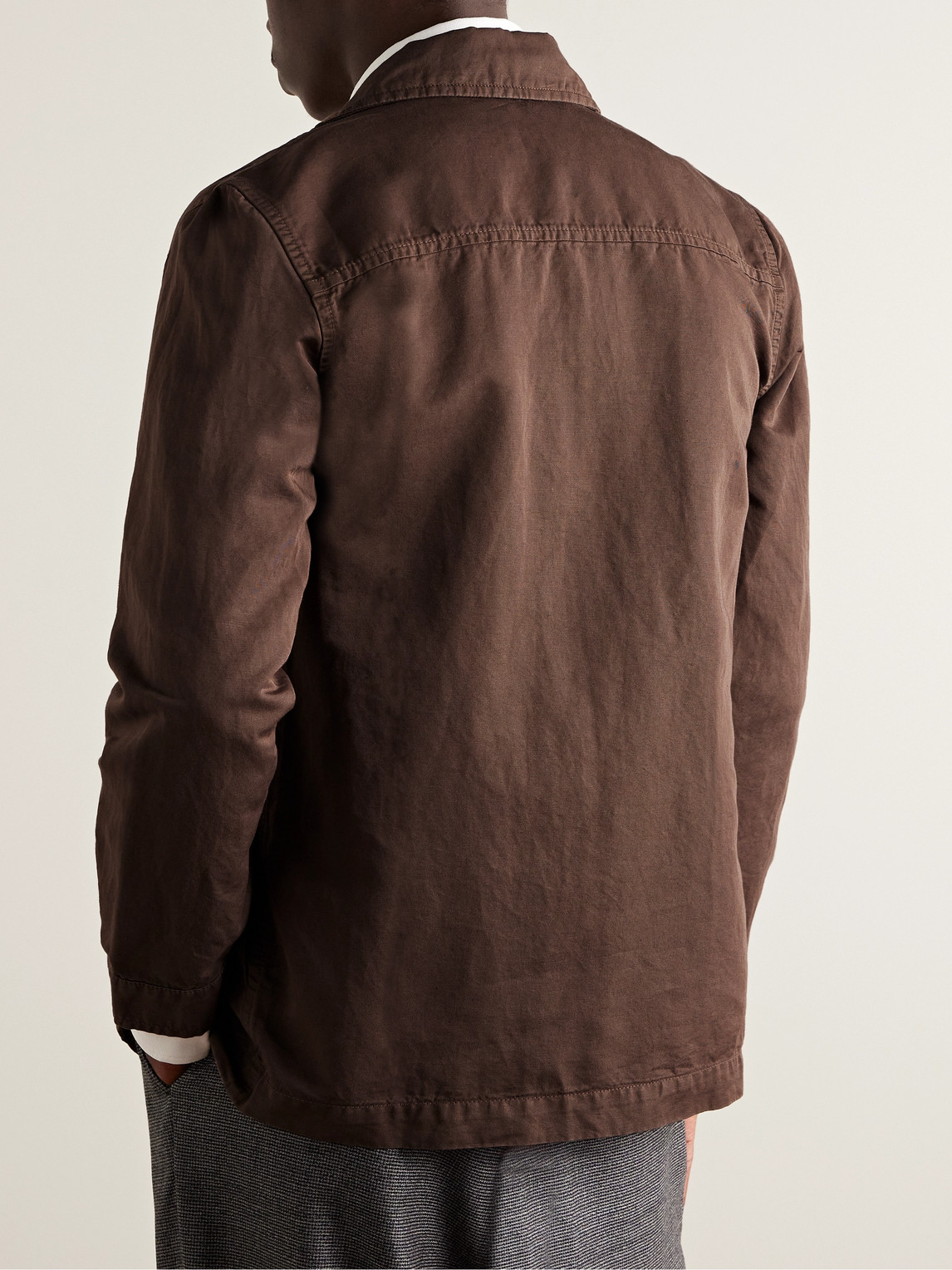 Shop Mr P Garment-dyed Cotton And Linen-blend Twill Overshirt In Brown