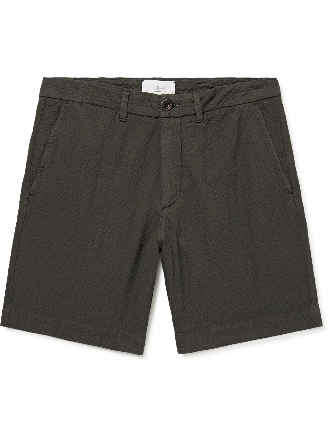 Mr P Slim-fit Straight-leg Stretch-organic Cotton Seersucker Shorts In Brown
