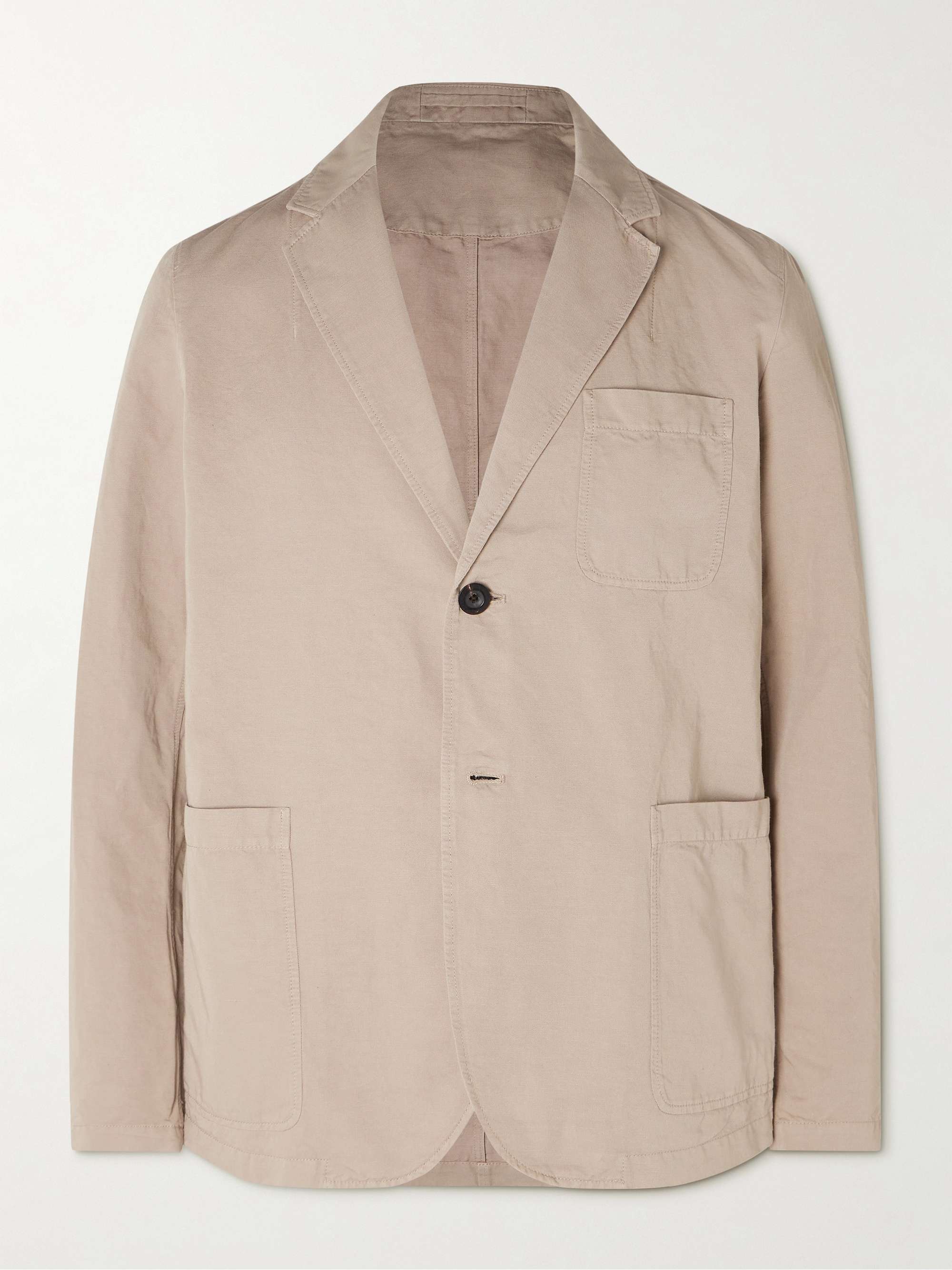 Slim Fit Unstructured Garment Dyed Cotton and Linen Blend Twill Blazer