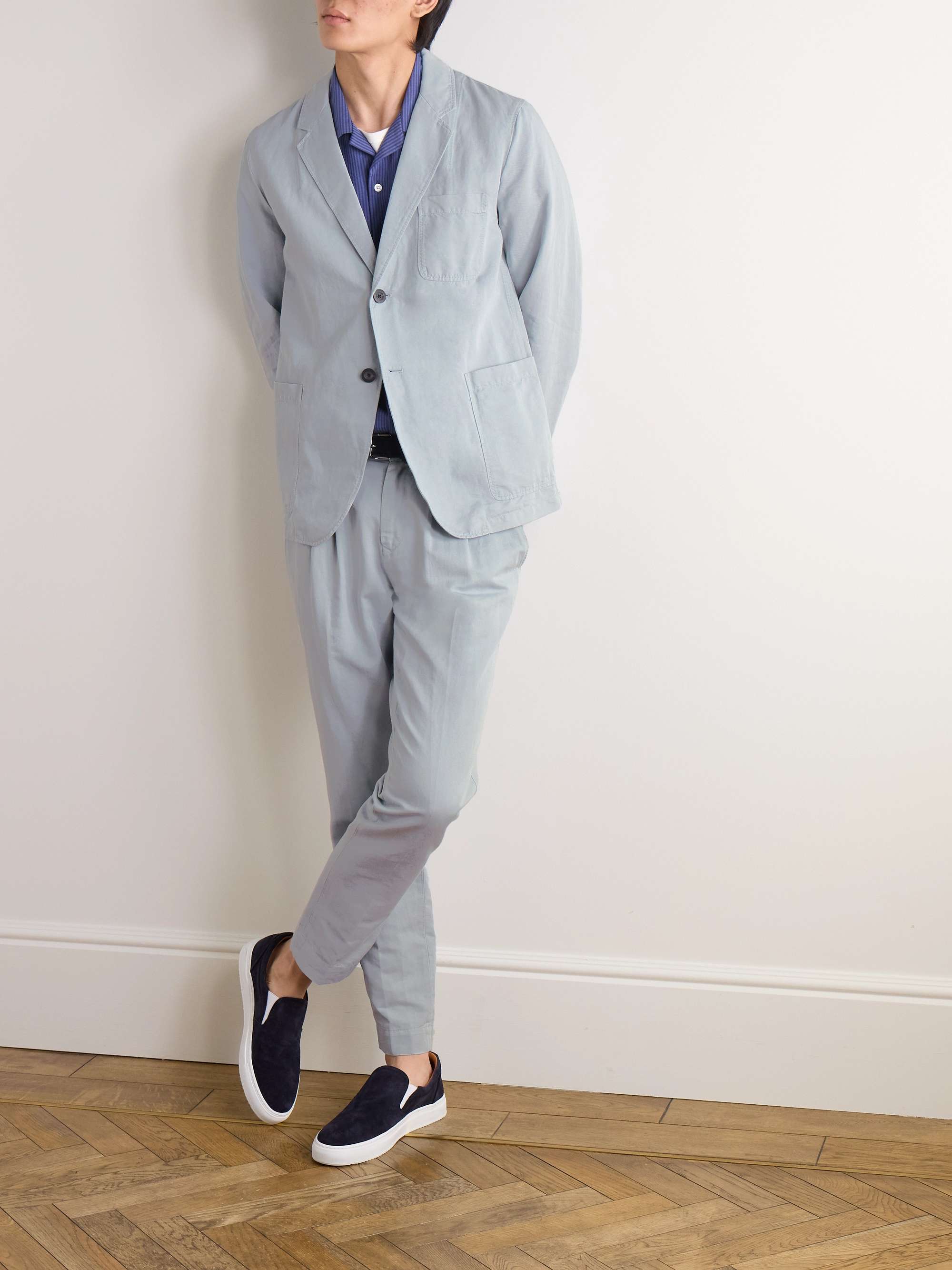 Slim Fit Unstructured Garment Dyed Cotton and Linen Blend Twill Blazer