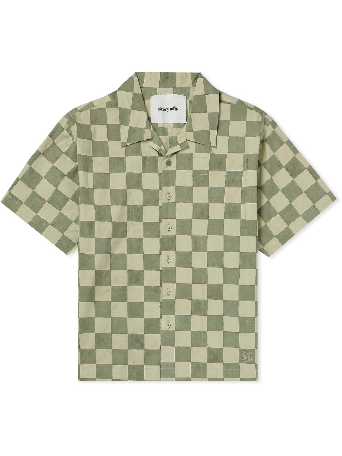 Story Mfg. Greetings Camp-collar Logo-embroidered Checked Organic Cotton Shirt In Green