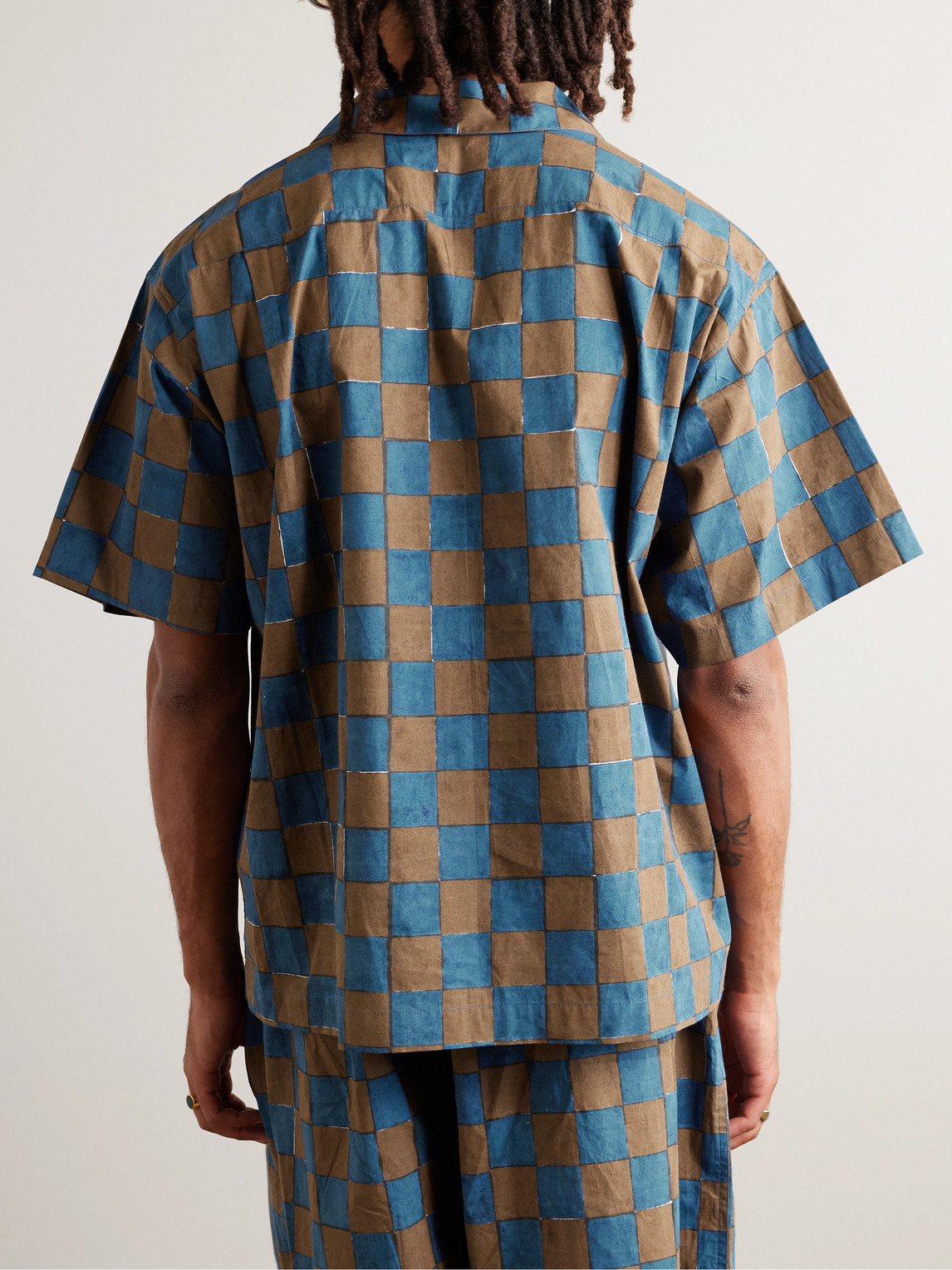 Shop Story Mfg. Greetings Camp-collar Logo-embroidered Checked Organic Cotton Shirt In Blue