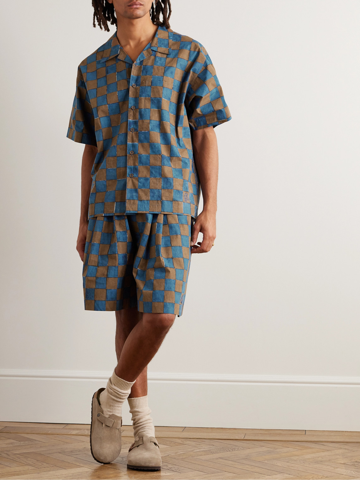 Shop Story Mfg. Greetings Camp-collar Logo-embroidered Checked Organic Cotton Shirt In Blue