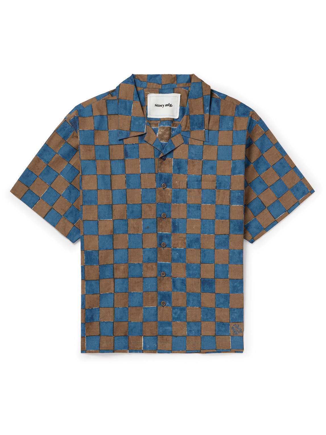 Story Mfg. Greetings Camp-collar Logo-embroidered Checked Organic Cotton Shirt In Blue