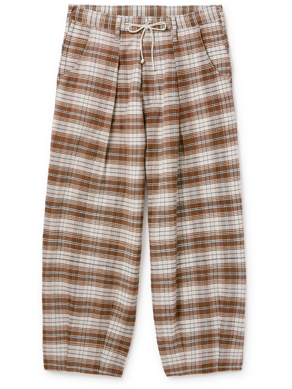 Story Mfg. Lush Wide-leg Pleated Checked Cotton Pants In Brown