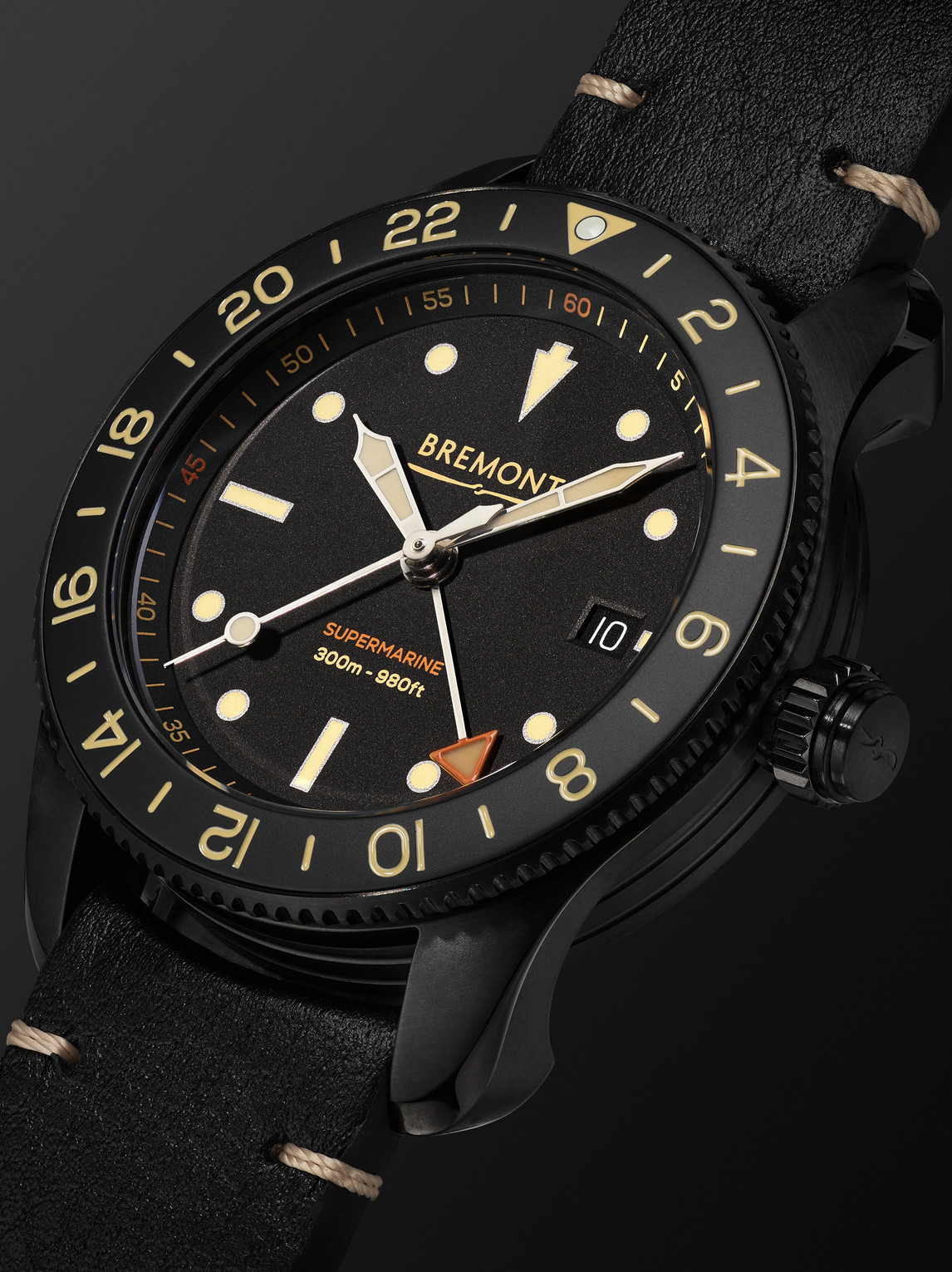 Shop Bremont The Supermarine S302 Jet Automatic Gmt 40mm Stainless Steel And Leather Watch, Ref. S302-jet-l-s In Black