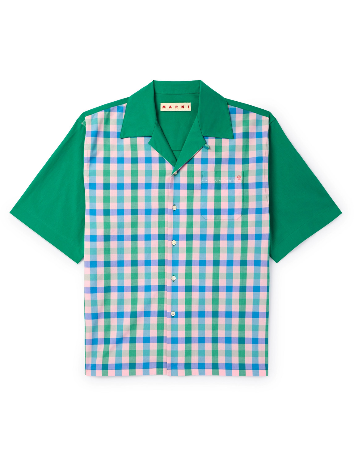 Marni Convertible-collar Logo-embroidered Checked Cotton-poplin Shirt In Blue