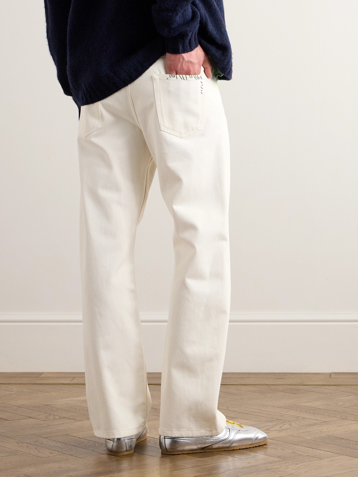 Shop Marni Straight-leg Logo-embroidered Cotton-drill Trousers In White