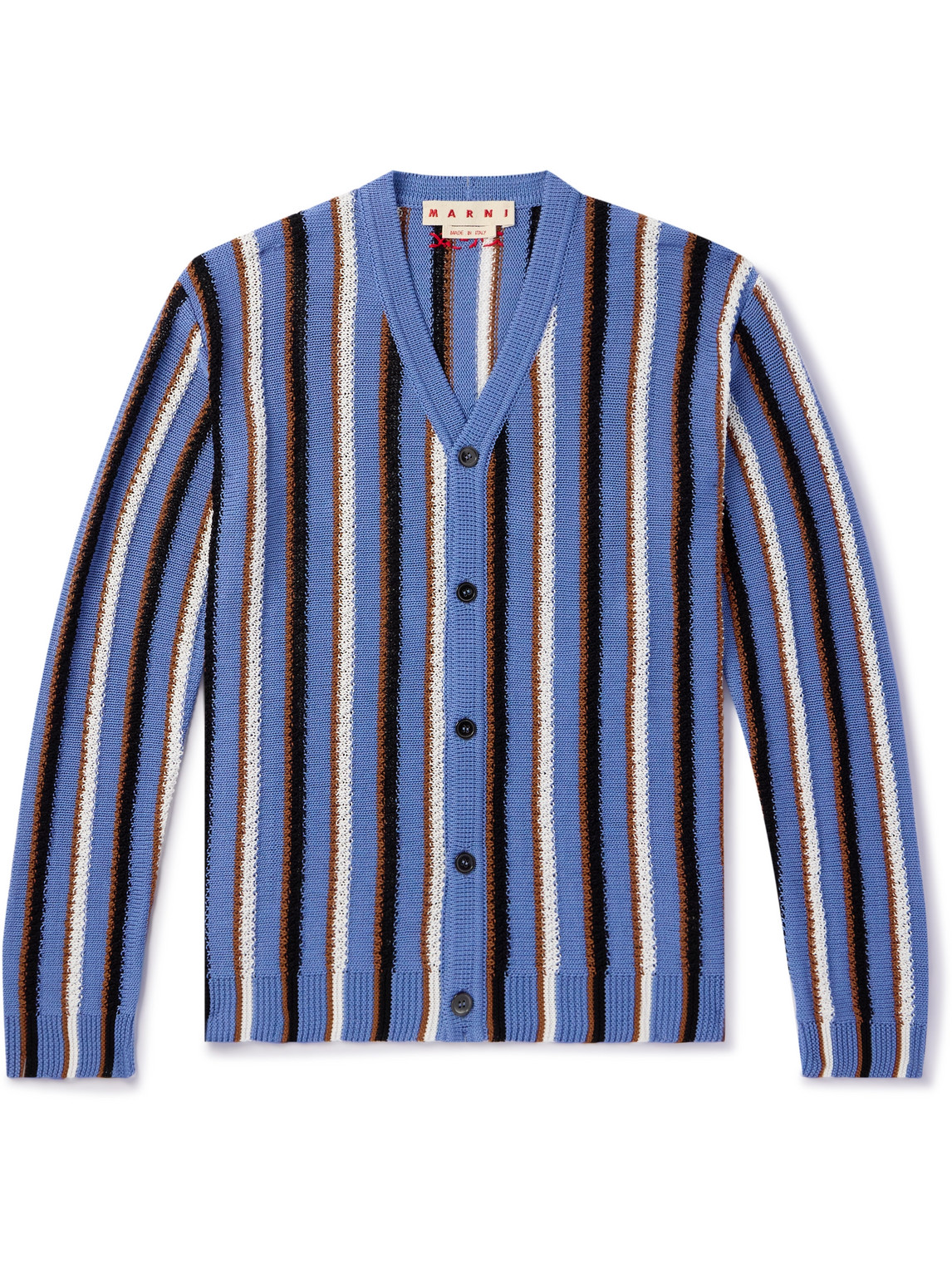 Shop Marni Logo-embroidered Striped Cotton Cardigan In Blue
