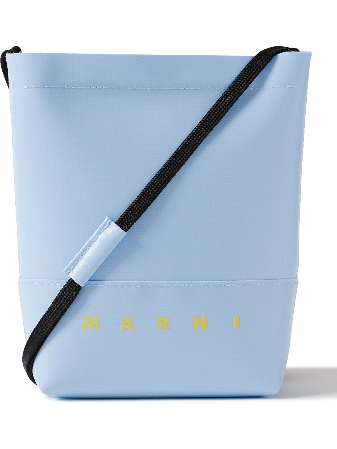 Marni Logo-print Textured-pvc Bucket Bag In Blue