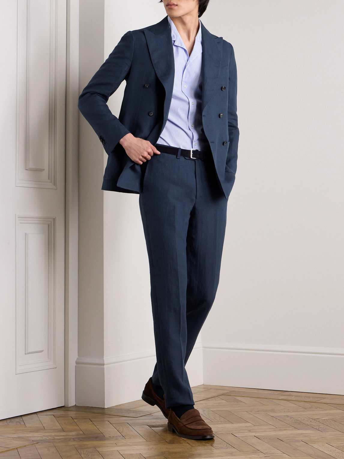 Shop De Petrillo Slim-fit Linen Suit Trousers In Blue