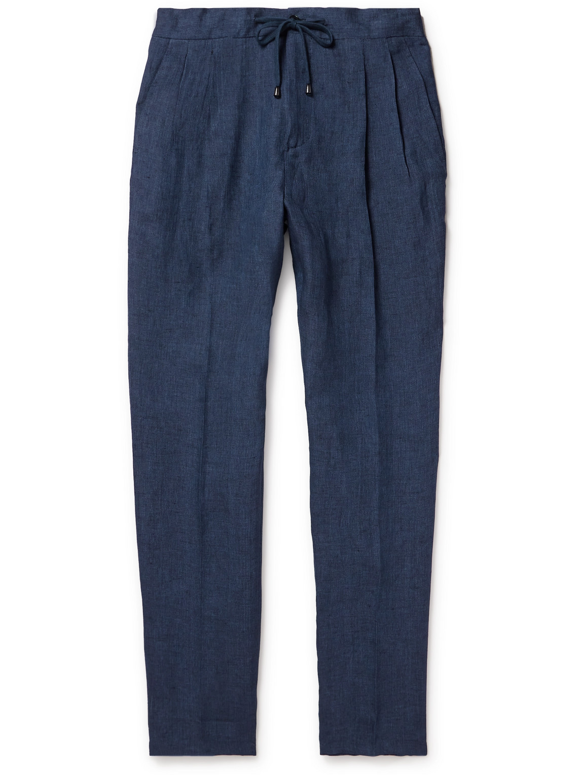 De Petrillo Tapered Pleated Linen Drawstring Trousers In Blue