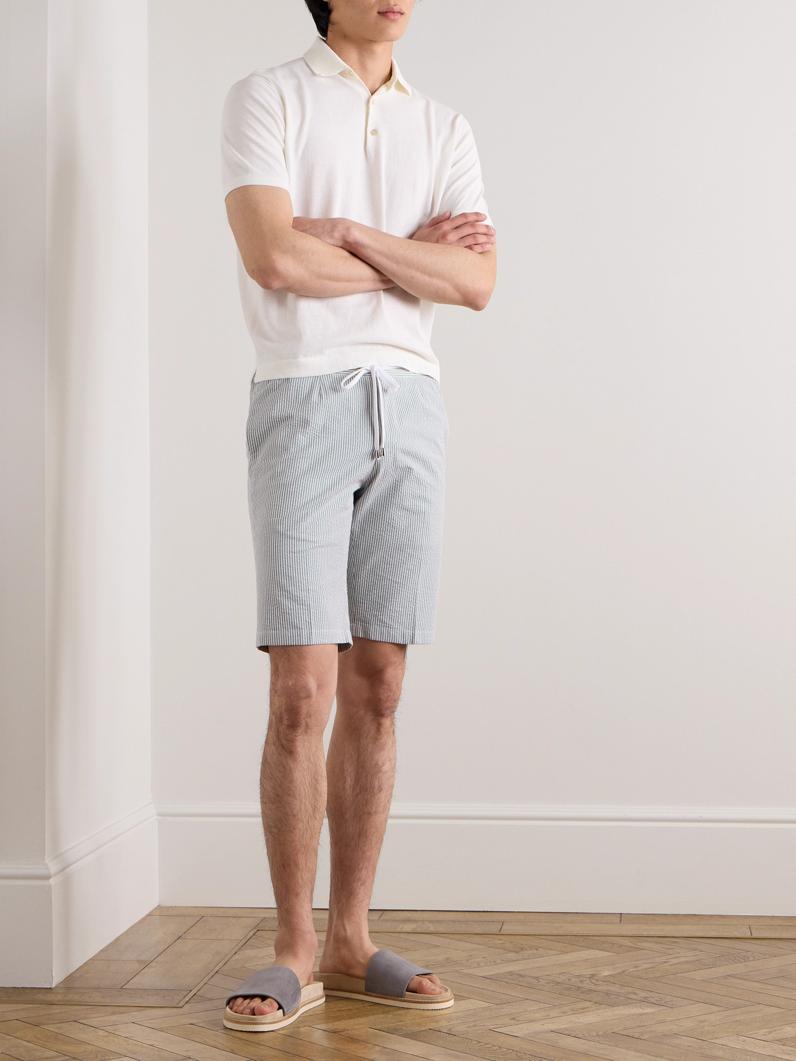 Shop De Petrillo Straight-leg Striped Cotton-seersucker Drawstring Shorts In Blue