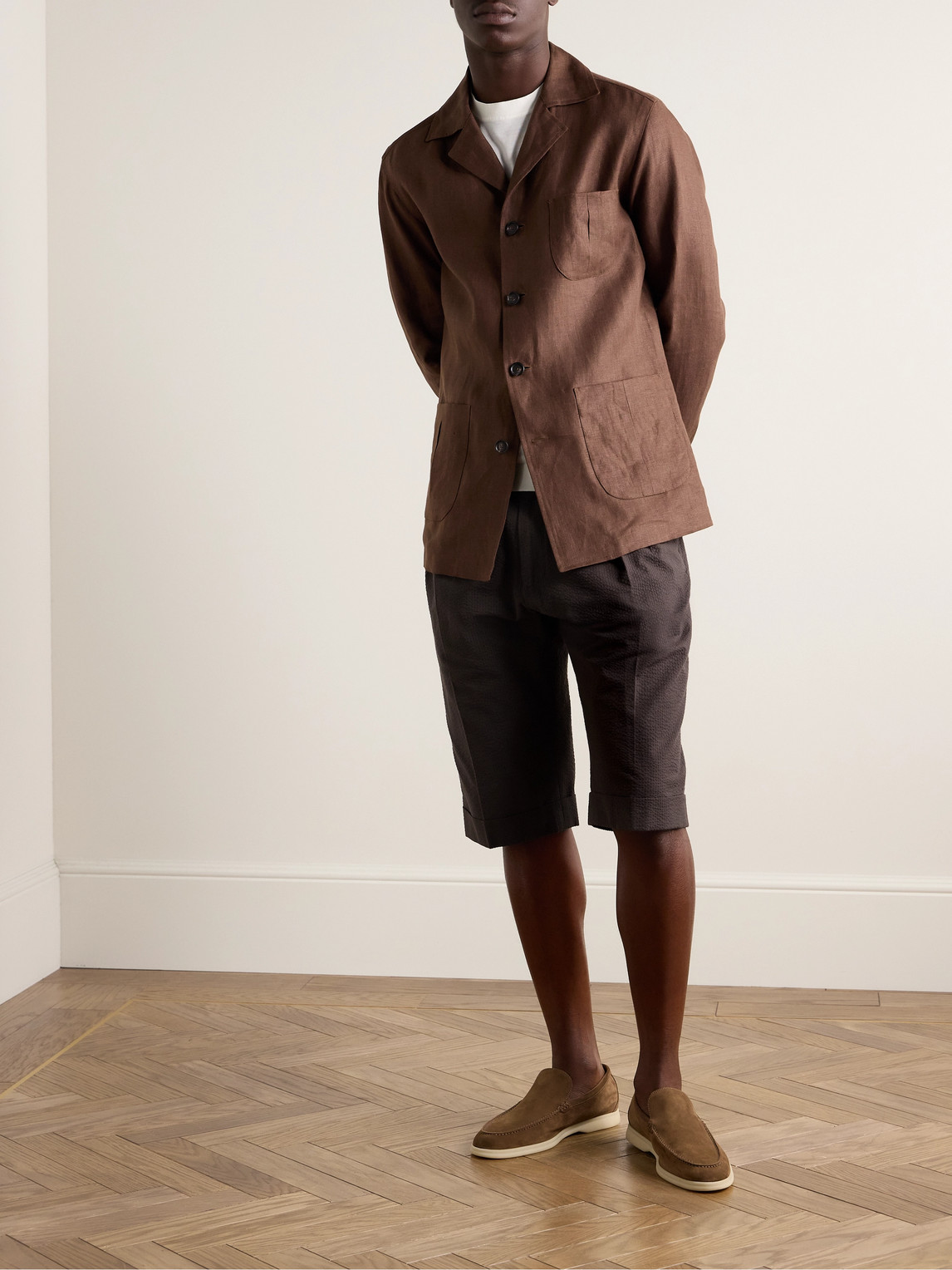 Shop De Petrillo Slim-fit Pleated Cotton-blend Seersucker Shorts In Brown