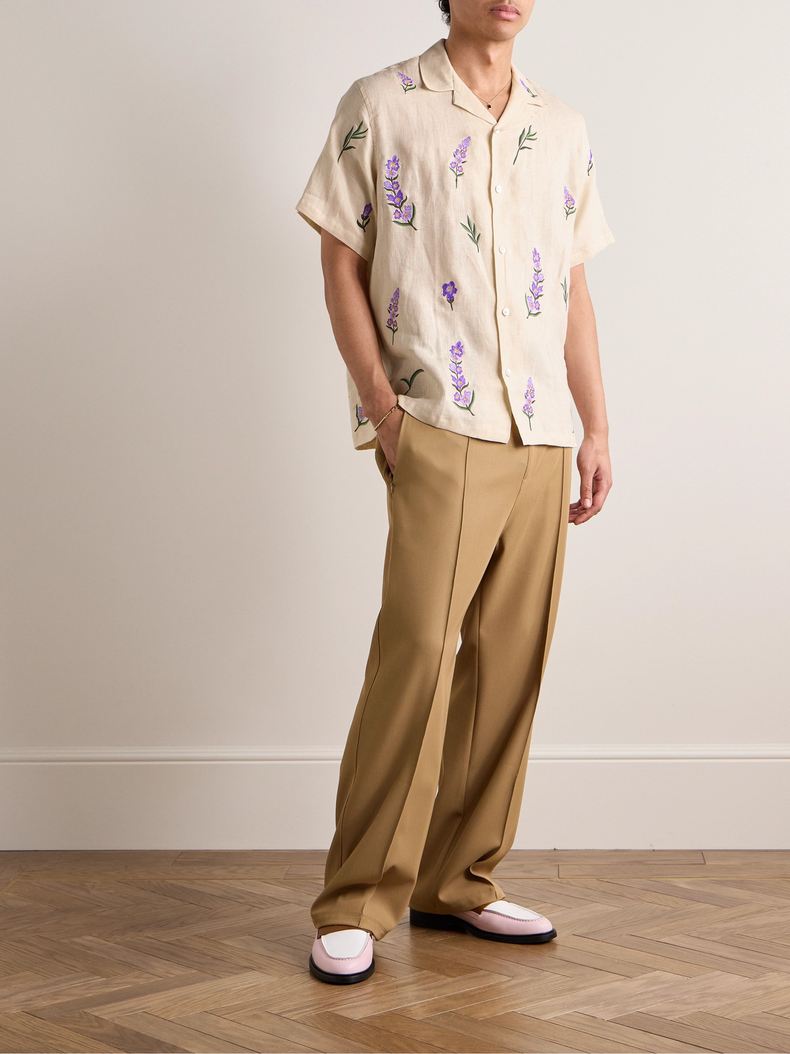 Shop Portuguese Flannel Camp-collar Embroidered Linen Shirt In Neutrals