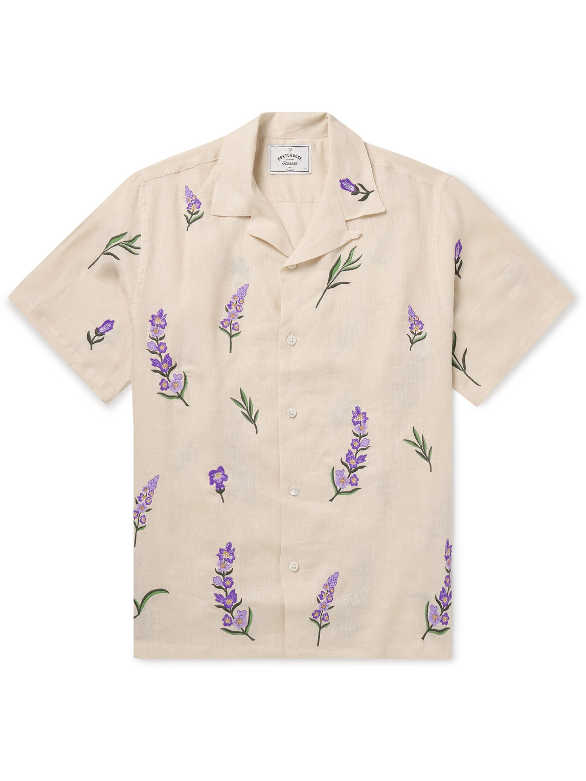 Portuguese Flannel Camp-collar Embroidered Linen Shirt In Neutrals