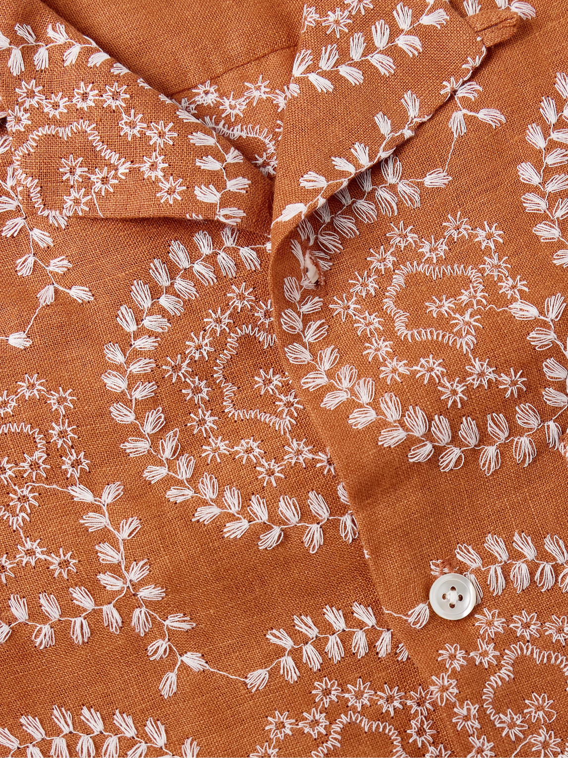 Shop Portuguese Flannel Nature Convertible-collar Embroidered Linen Shirt In Orange