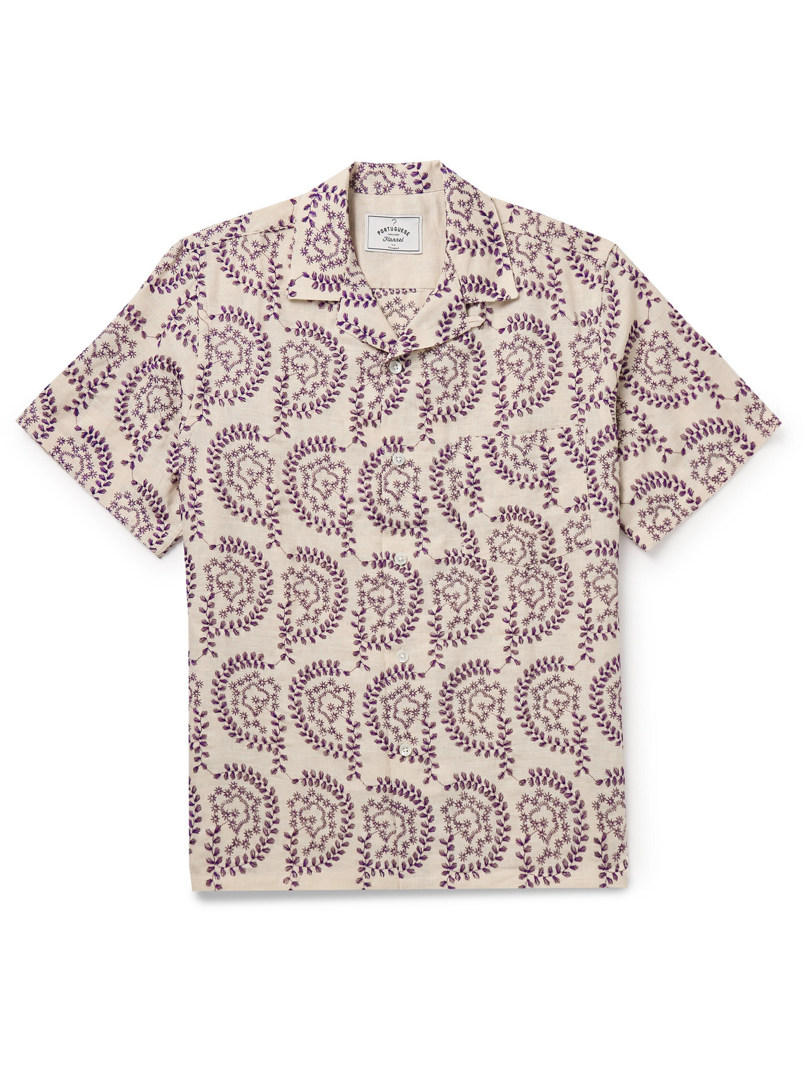 Nature Convertible-Collar Embroidered Linen Shirt
