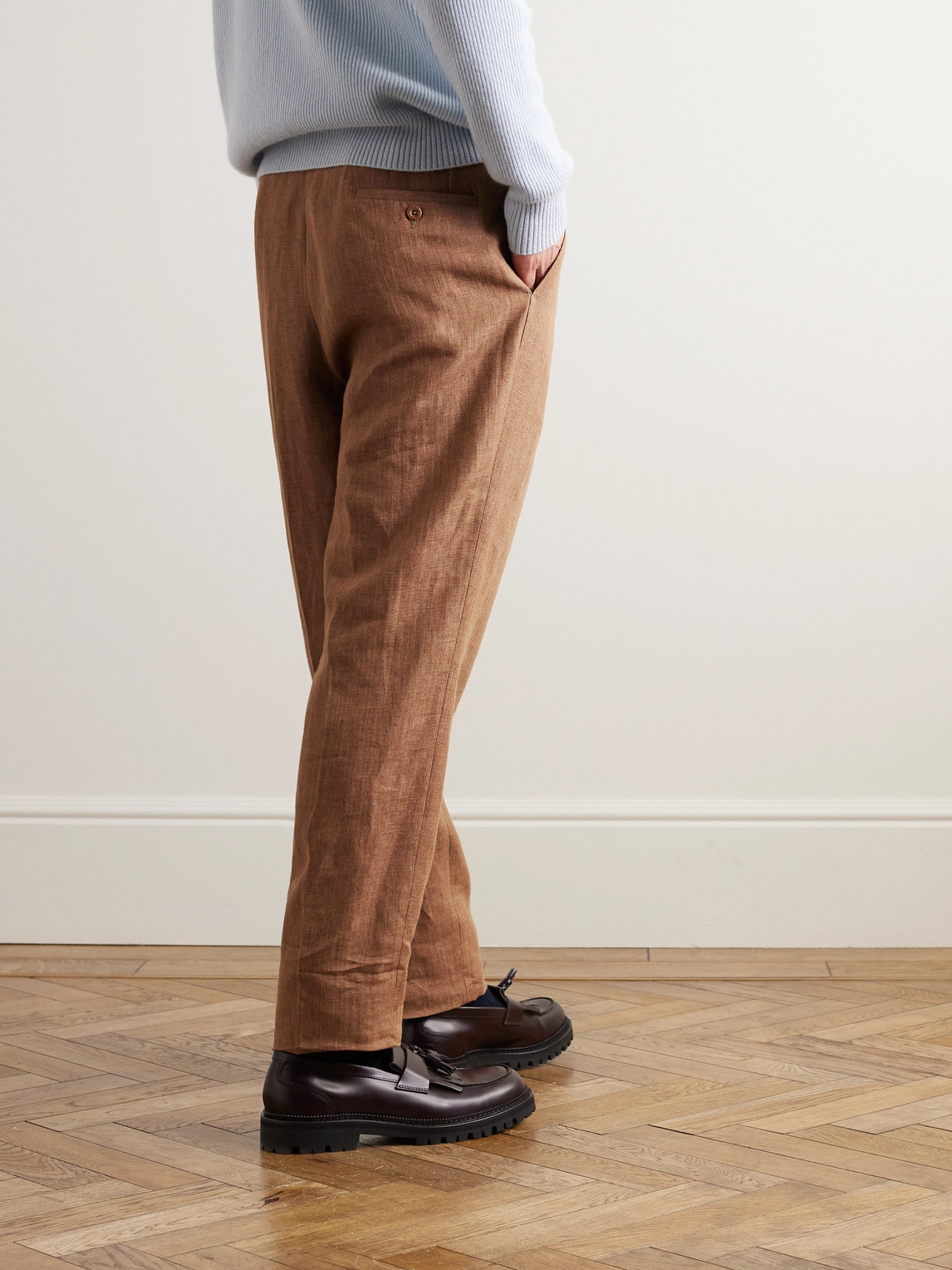 Shop Rubinacci Manny Straight-leg Pleated Linen Trousers In Brown