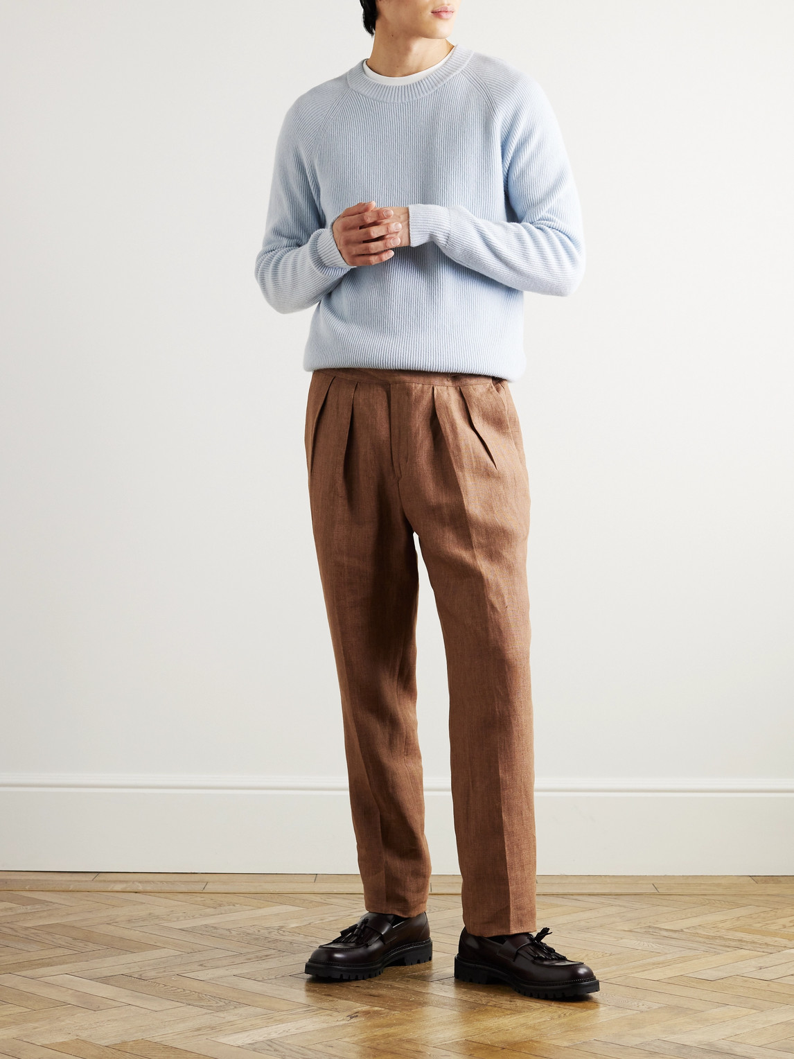 Shop Rubinacci Manny Straight-leg Pleated Linen Trousers In Brown