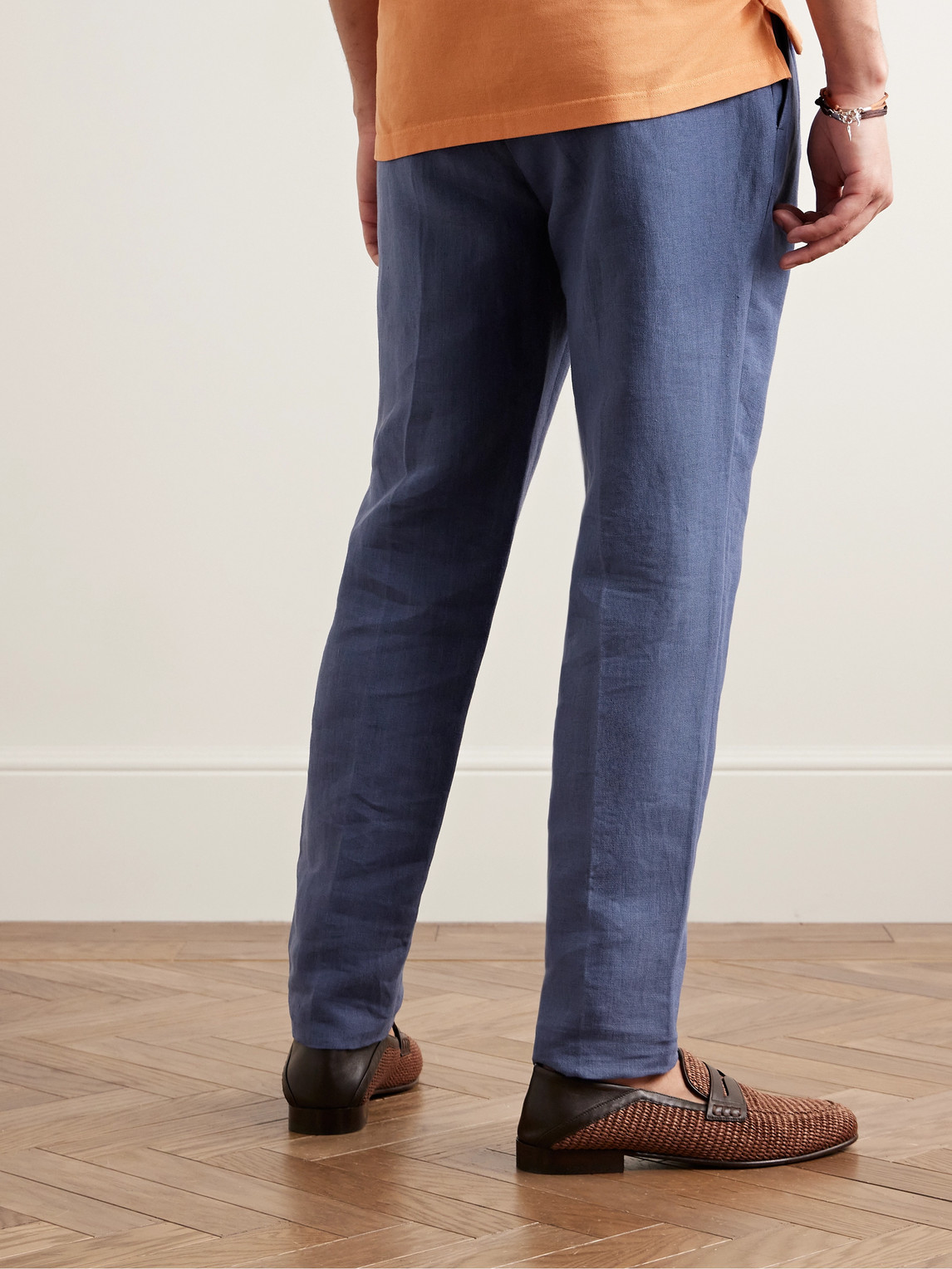 Shop Rubinacci Tapered Pleated Linen Trousers In Blue