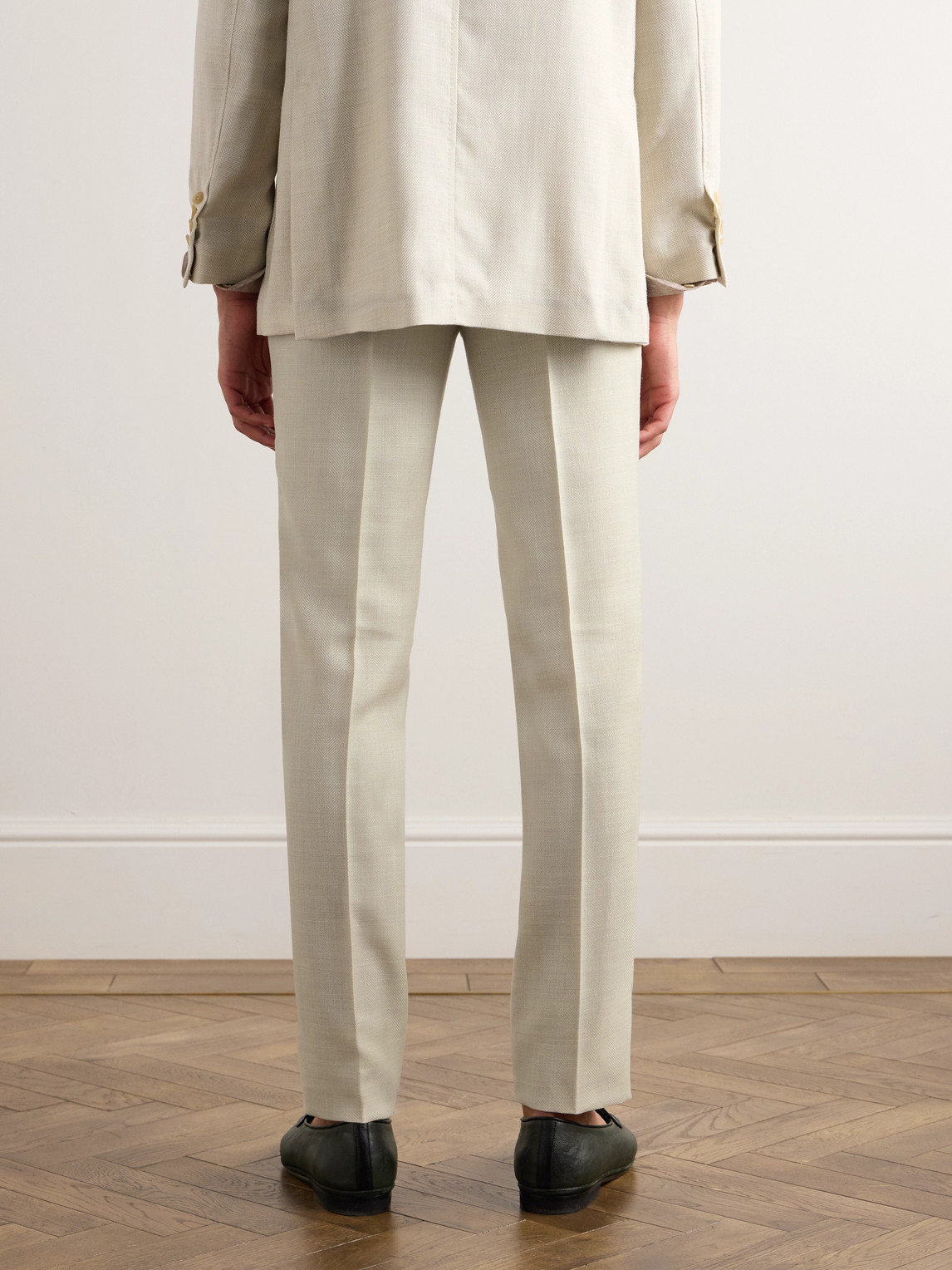 Shop Rubinacci Luca Tapered Herringbone Linen Suit Trousers In Neutrals