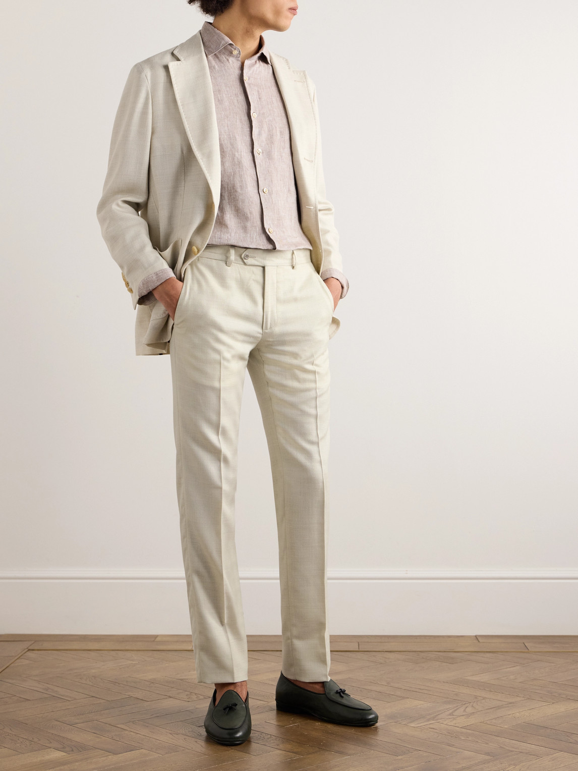 Shop Rubinacci Luca Tapered Herringbone Linen Suit Trousers In Neutrals