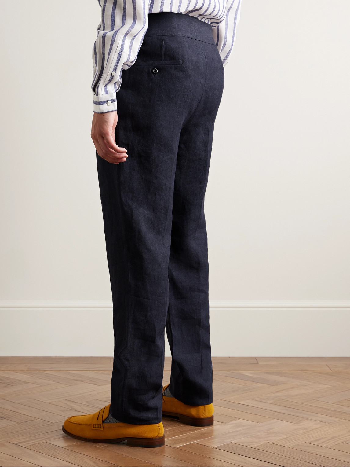 Shop Rubinacci Manny Tapered Pleated Linen Trousers In Blue