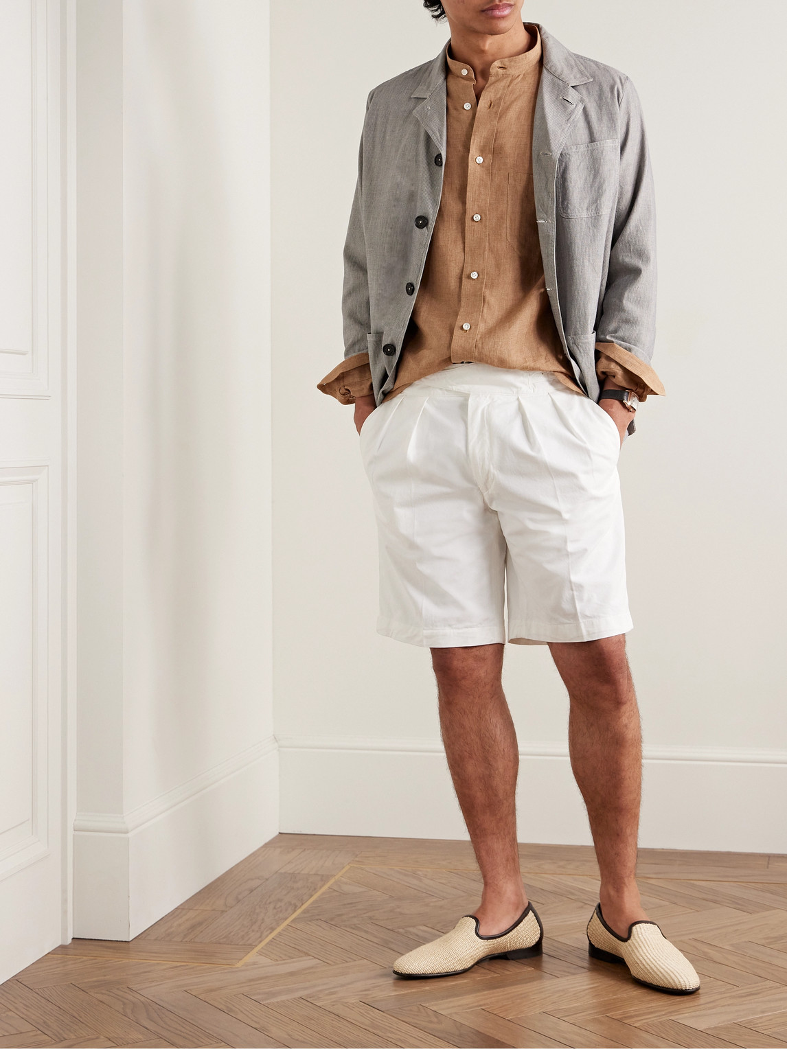 Shop Rubinacci Manny Straight-leg Pleated Cotton Shorts In White