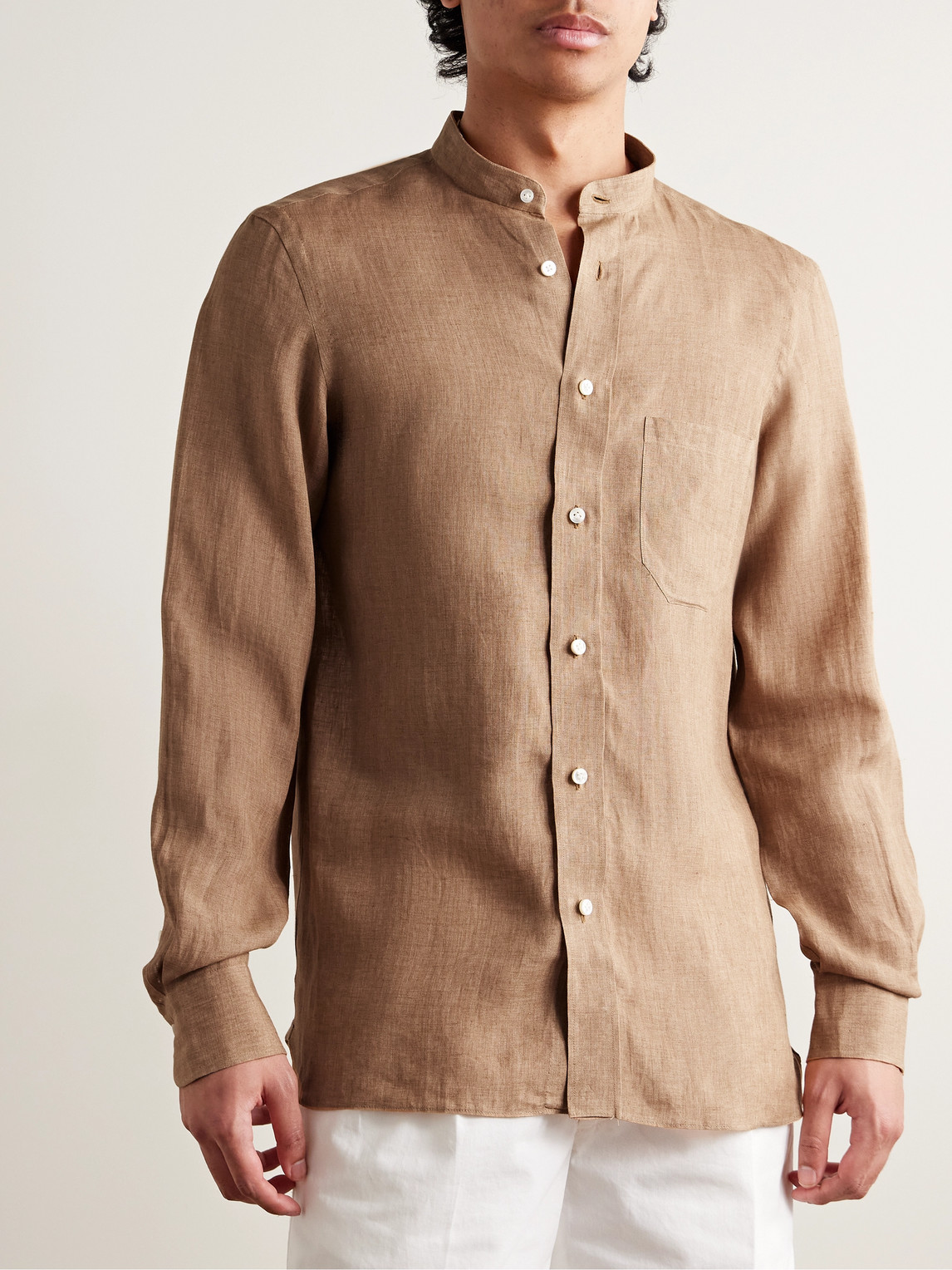 Shop Rubinacci Grandad-collar Linen Shirt In Brown