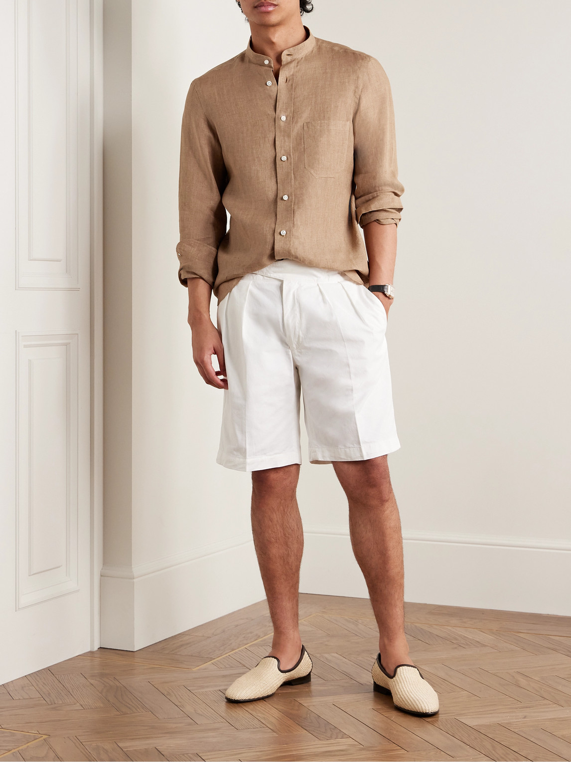 Shop Rubinacci Grandad-collar Linen Shirt In Brown