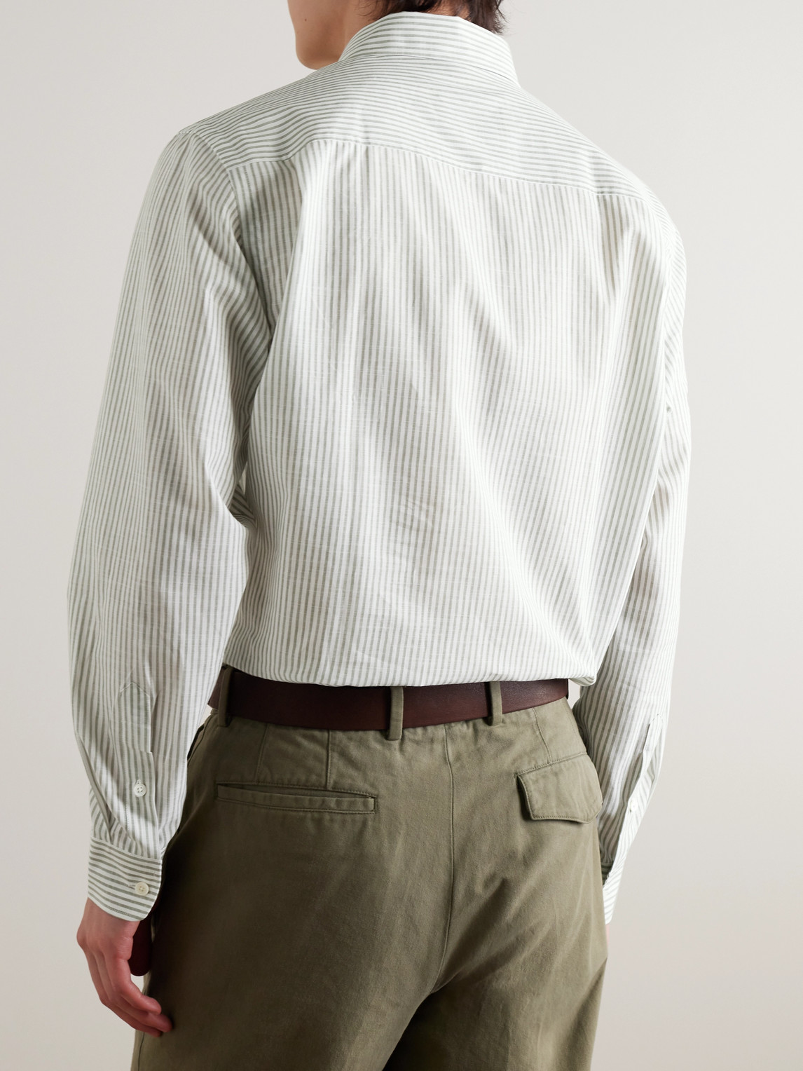 Shop Purdey Button-down Collar Striped Cotton And Linen-blend Shirt In Green