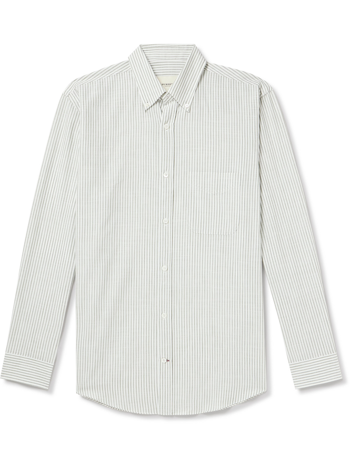 Purdey Button-down Collar Striped Cotton And Linen-blend Shirt In Green
