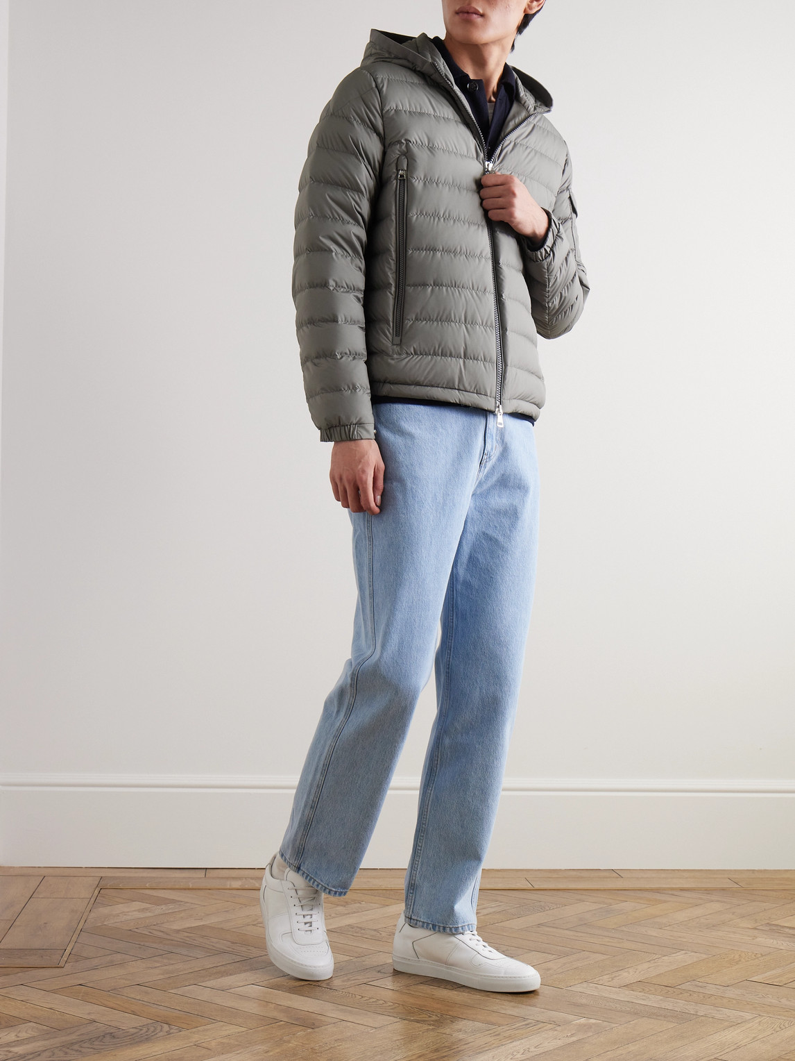 Moncler Galion Quilted Shell Hooded Down Jacket In Gray